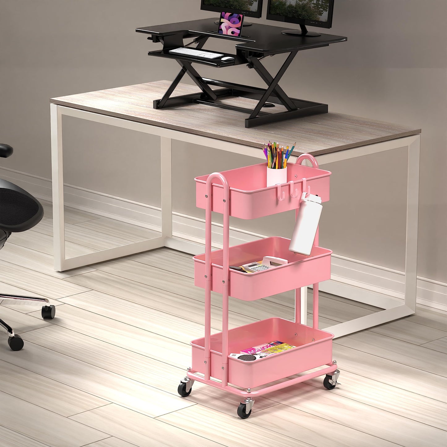 Simple Houseware Heavy Duty 3-Tier Metal Utility Rolling Cart, Pink