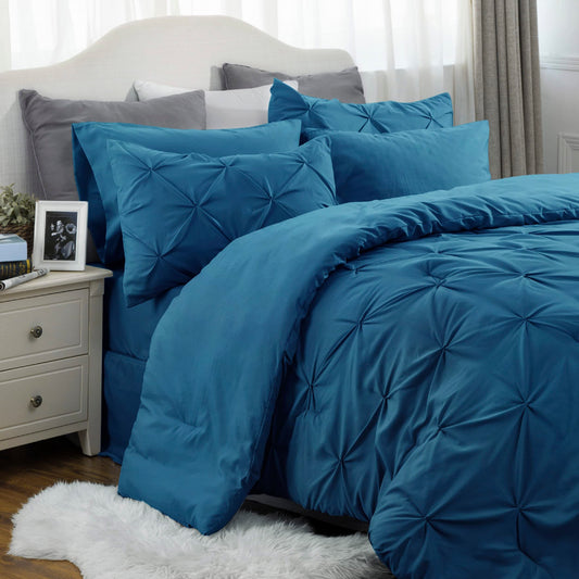 Bedsure Twin Comforter Set with Sheets - 5 Pieces Twin Bedding Sets, Pinch Pleat Teal Blue Twin Bed in a Bag with Comforter, Sheets, Pillowcase & Sham