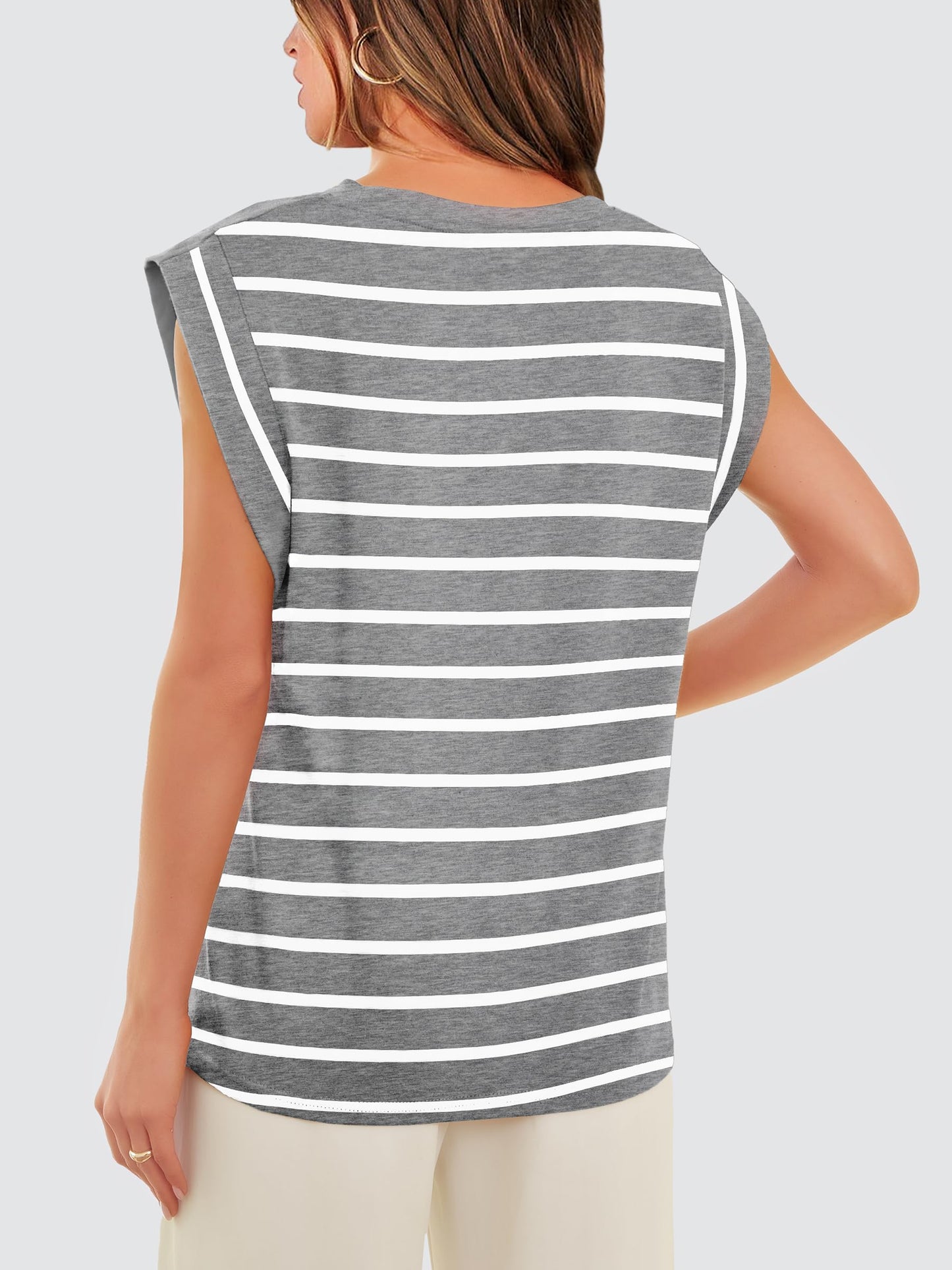 WIHOLL Sleeveless Tops for Women Dressy Casual Summer Influencers Picks Clothes 2024 Cap Sleeve Business Work Grey White Striped Shirts S