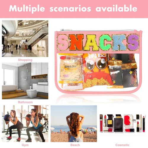 BCRMPT Chenille Letter Bag Clear Flat Pouch,Multi-purpose PVC&Nylon Clear Cosmetic Bags,Travel Makeup Bag With Zipper For Women,Clear Pouches for Travel,Gym,Beach (Pink-Snacks)