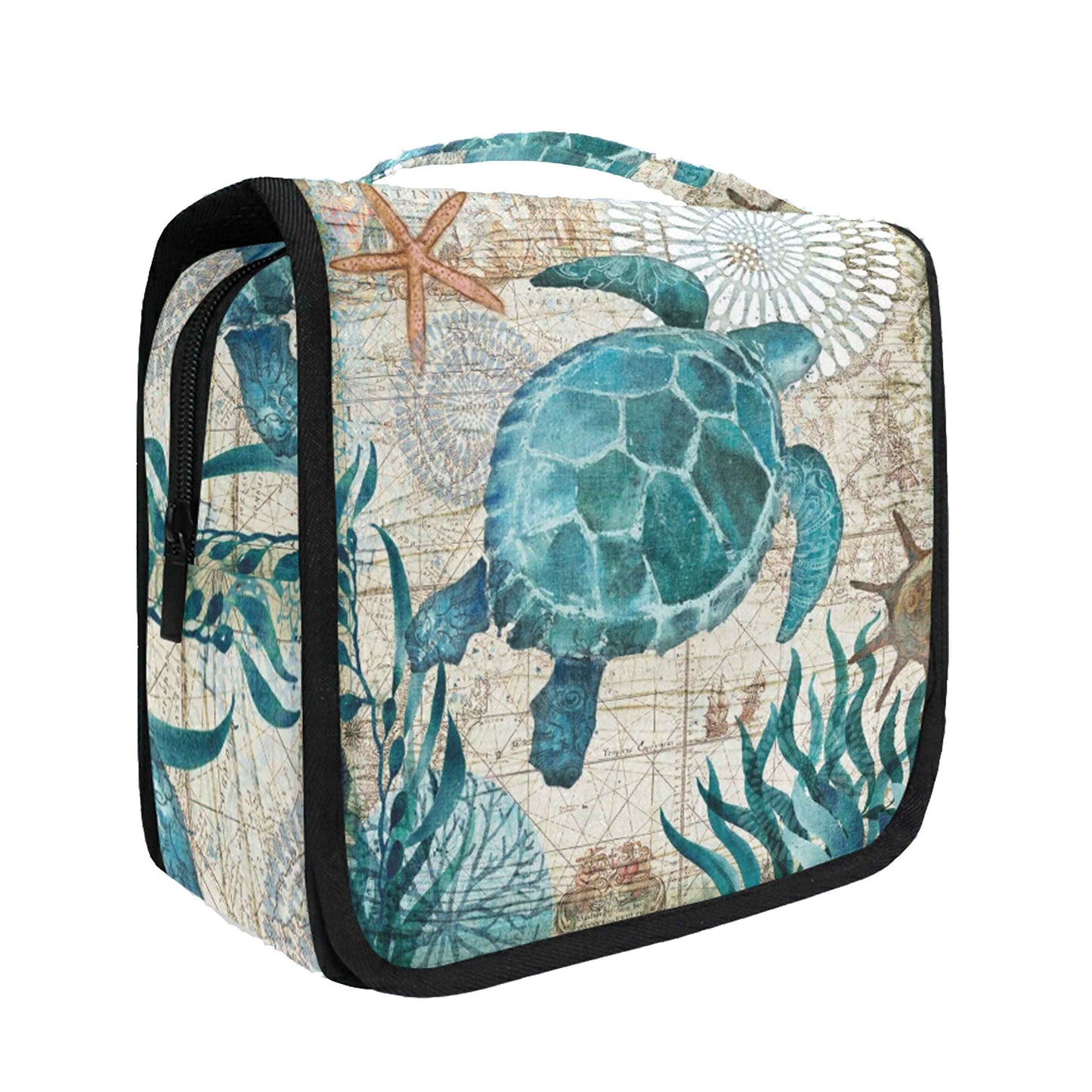 Hanging Travel Toiletry Bag Kit Makeup Case Cosmetics Organizer for Men Women (Sea Lives Turtle Coral)