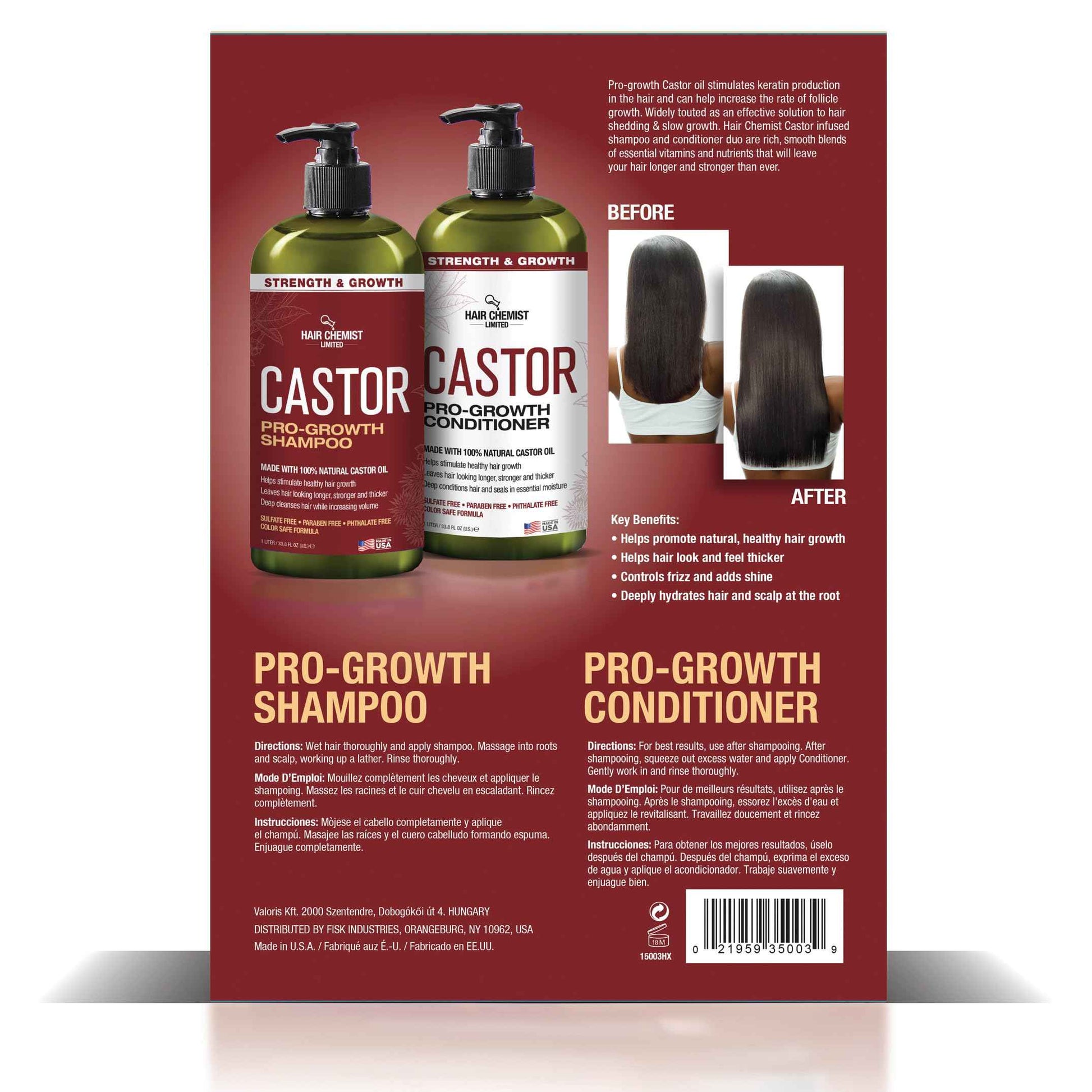 Hair Chemist Castor Pro-Growth Shampoo 33.8 oz. AND Conditioner 33.8 oz. 2-PC Boxed Gift Set - Made with Natural Castor Oil for Hair Growth, Sulfate Free Shampoo & Conditioner Set
