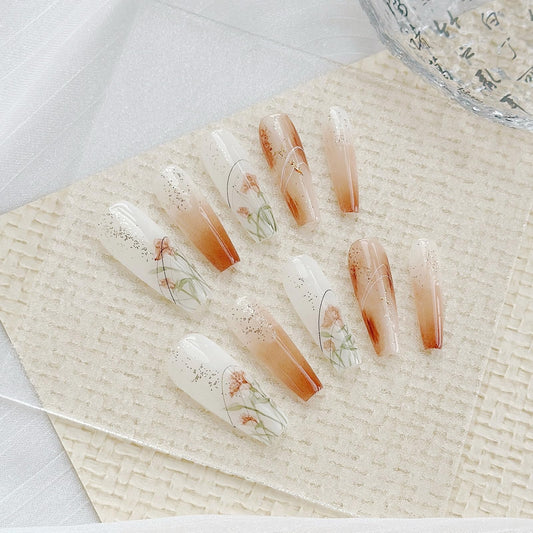 LARSOOY Nails Handmade Press on Nails Long Coffin | Handmade Nails with Watercolor Painting | Reusable Fake Nails with Nodding Flowers (Morning Dew Petals, M)