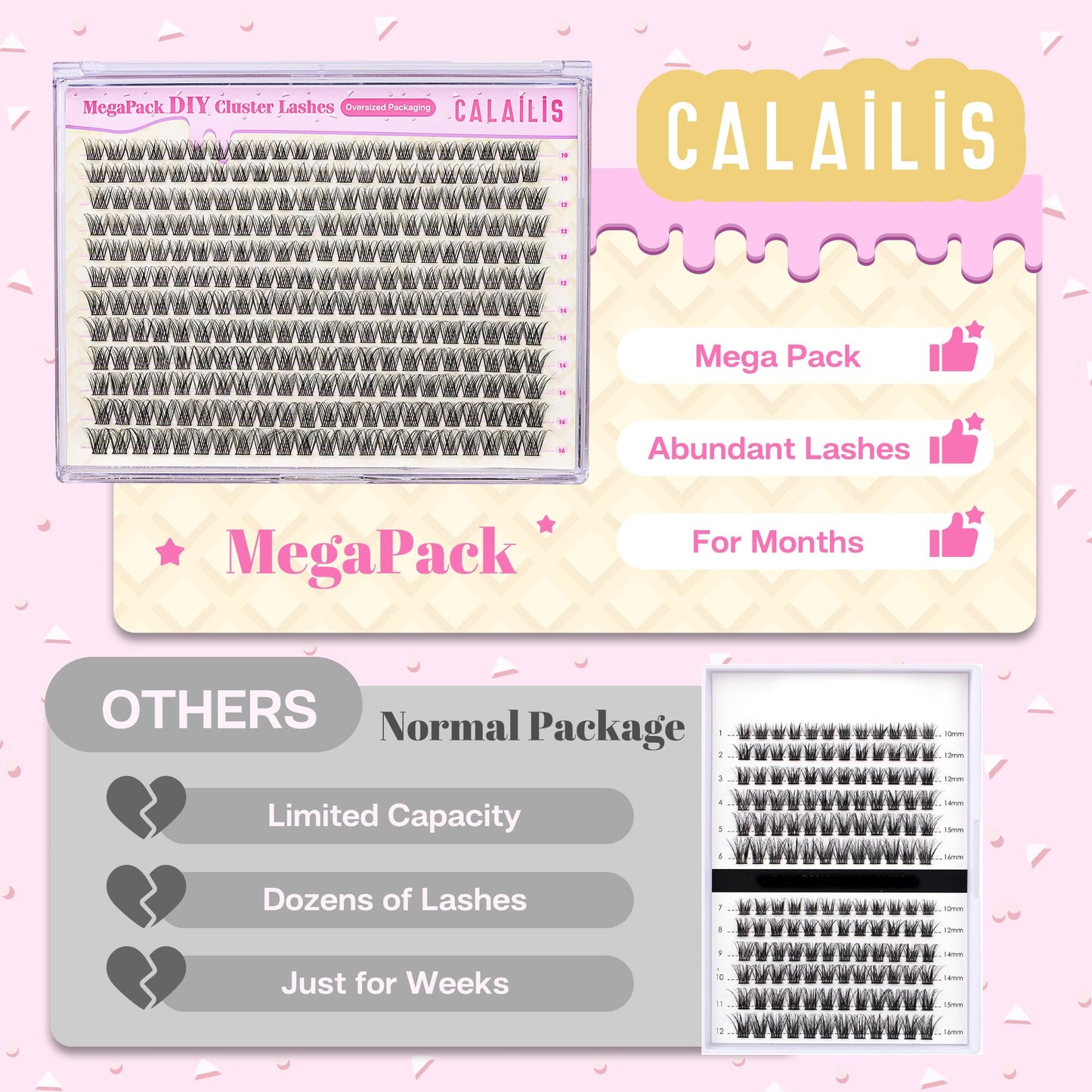 CALAILIS Lash Clusters DIY Eyelash Extensions 264pcs Oversized Packaging Natural Cluster Lashes Mega Volume Individual Lashes Wispy Eyelash Clusters(MPDUO14,D-10-16MIX)