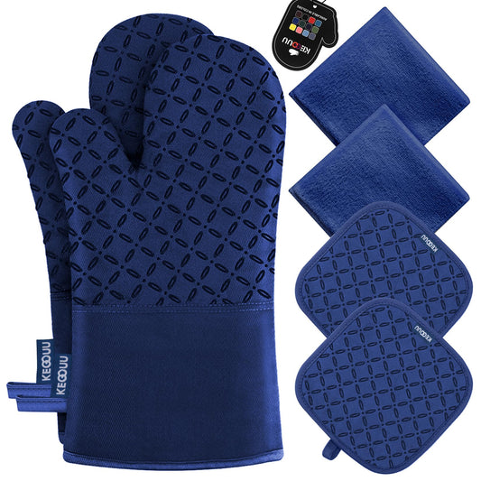 KEGOUU Oven Mitts and Pot Holders 6pcs Set, Kitchen Oven Glove High Heat Resistant 500 Degree Extra Long Oven Mitts and Potholder with Non-Slip Silicone Surface for Cooking(Marine Blue)