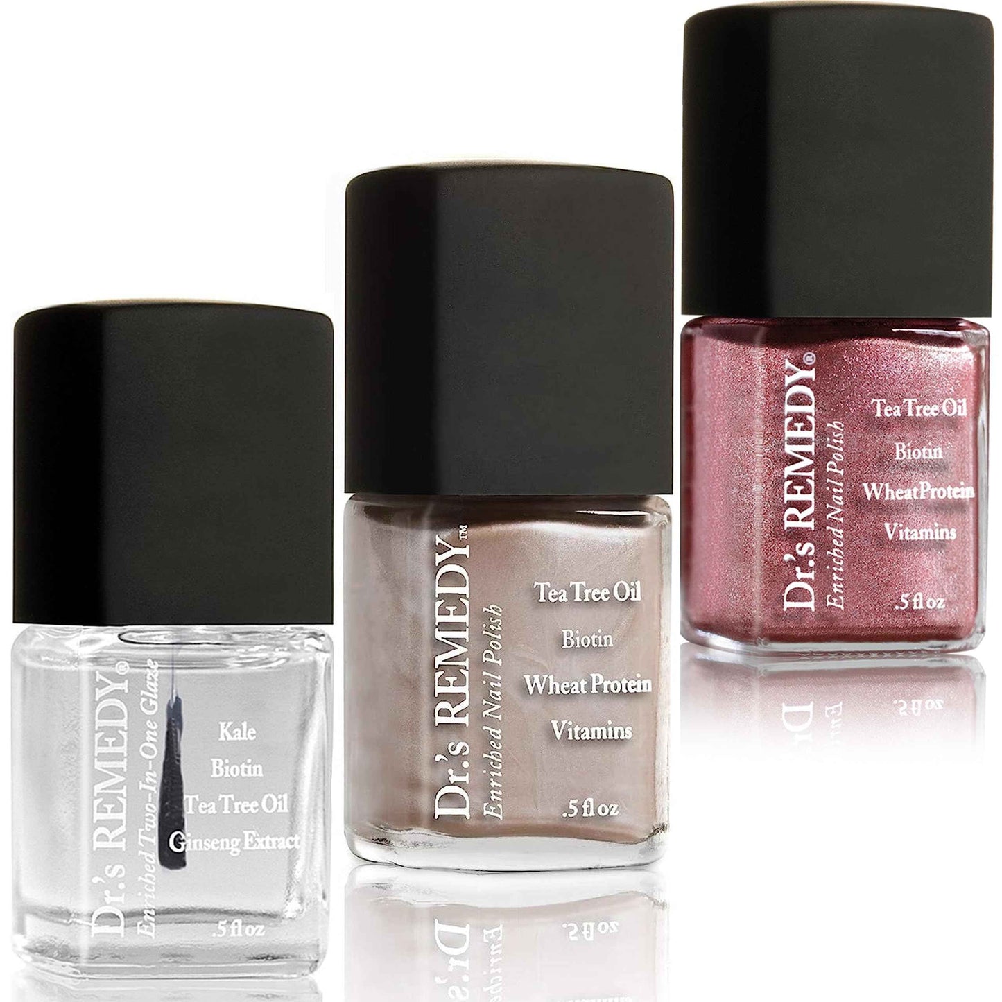 Dr’s Remedy 3 Pack Nail Polish Kit, Don't Dull Your Shine, Non Toxic and Organic All Natural Enriched Nail Strengthener - TOTAL Two-in-One/REFLECTIVE Rose/POISED Pink Champagne