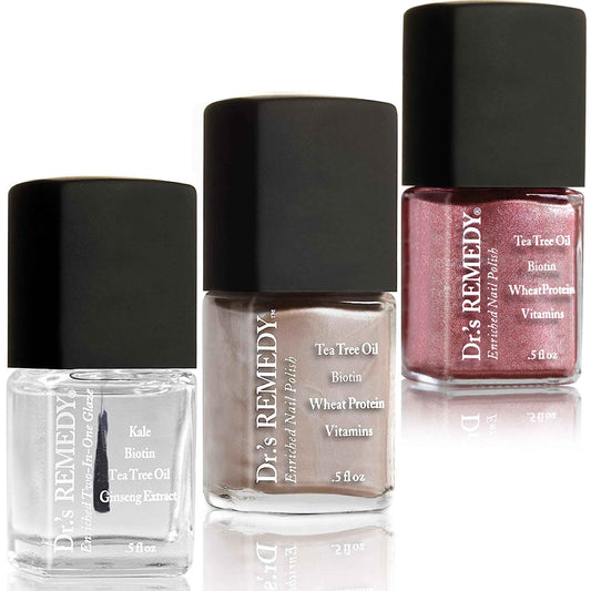 Dr’s Remedy 3 Pack Nail Polish Kit, Don't Dull Your Shine, Non Toxic and Organic All Natural Enriched Nail Strengthener - TOTAL Two-in-One/REFLECTIVE Rose/POISED Pink Champagne