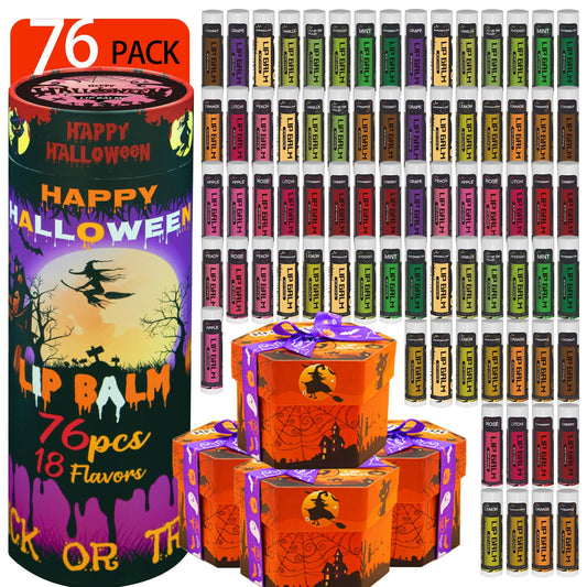 Yopela 76 Pack Halloween Natural Lip Balm Bulk with Vitamin E and Coconut Oil Lip Care Set - Moisturizing, Soothing, and Repairing Dry and Chapped Lips - 18 Flavors - Non-GMO