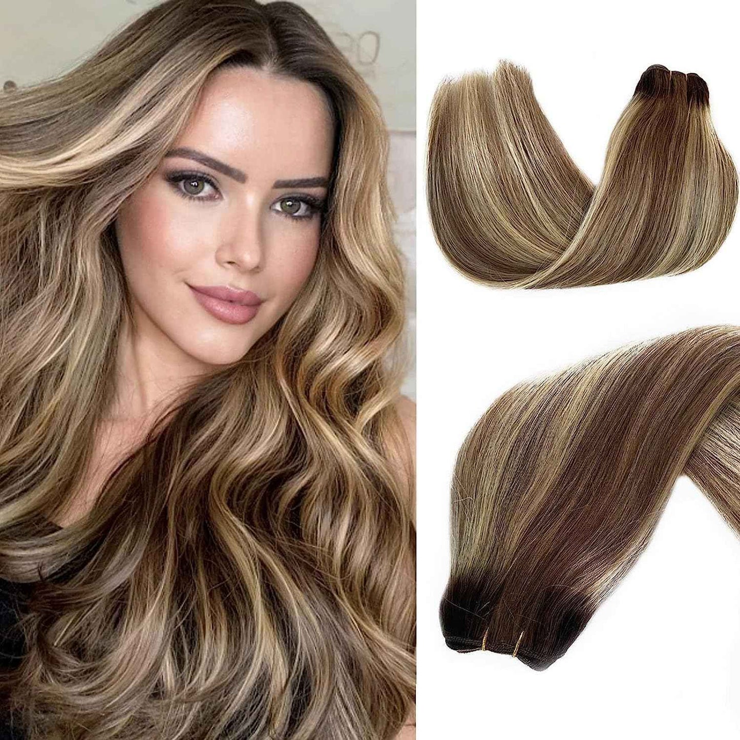 14 Inch Human Hair Extensions Sew in Hair Extensions Real Human Hair Balayage Colored Brown Roots to Ash Brown with Bleach Blonde Highlights 80g