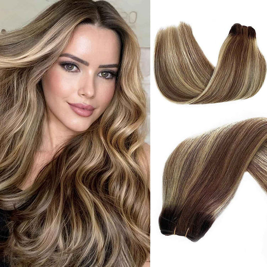 14 Inch Human Hair Extensions Sew in Hair Extensions Real Human Hair Balayage Colored Brown Roots to Ash Brown with Bleach Blonde Highlights 80g