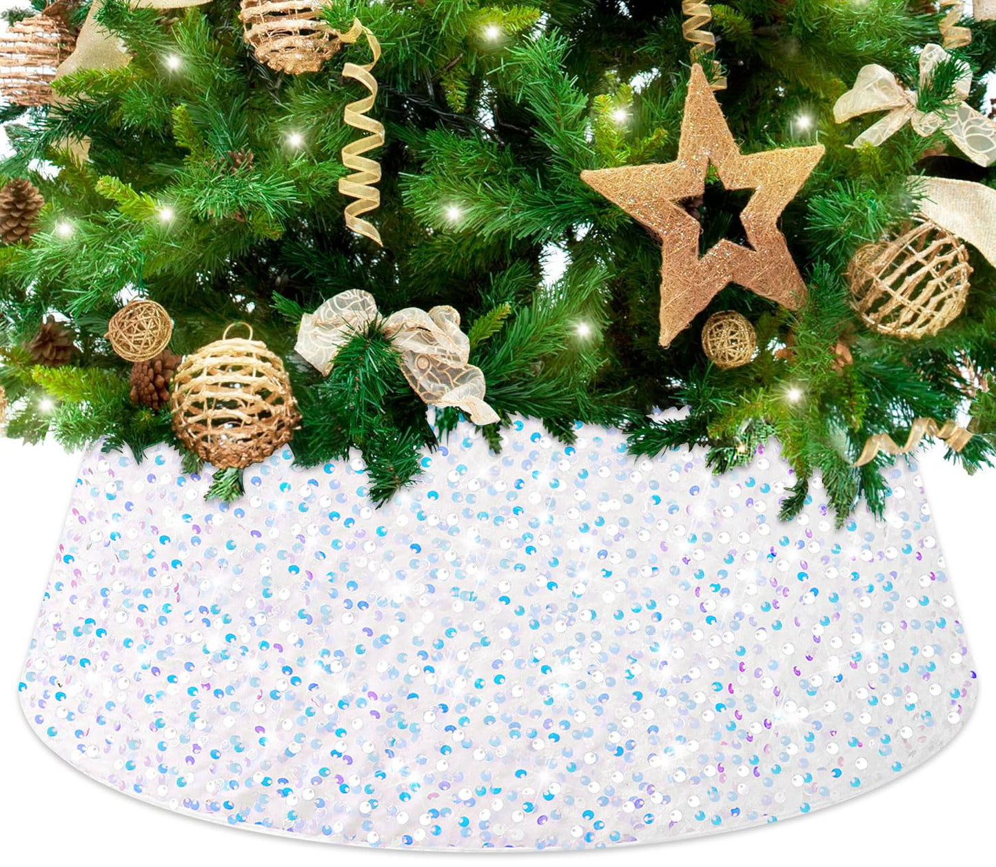 FCSJOST Christmas Tree Collar White Round Sequin Christmas Tree Ring Tree Skirts 23.6 Inch Iridescent White Xmas Tree Collars for Atificial Trees Elegant Christmas Tree Skirt for Holiday Feast Decor