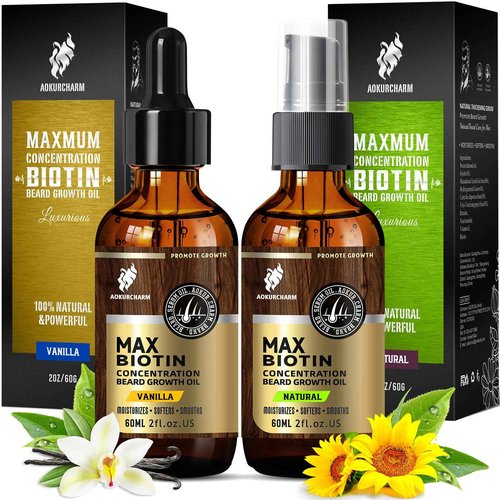 aokur 2 Pack Beard Growth Oil for Men – Vanilla & Unscented – High Strength Biotin Serum – Softens, Strengthens & Boosts Beard Growth – Gift Set for Father’s Day, Anniversaries & Christmas