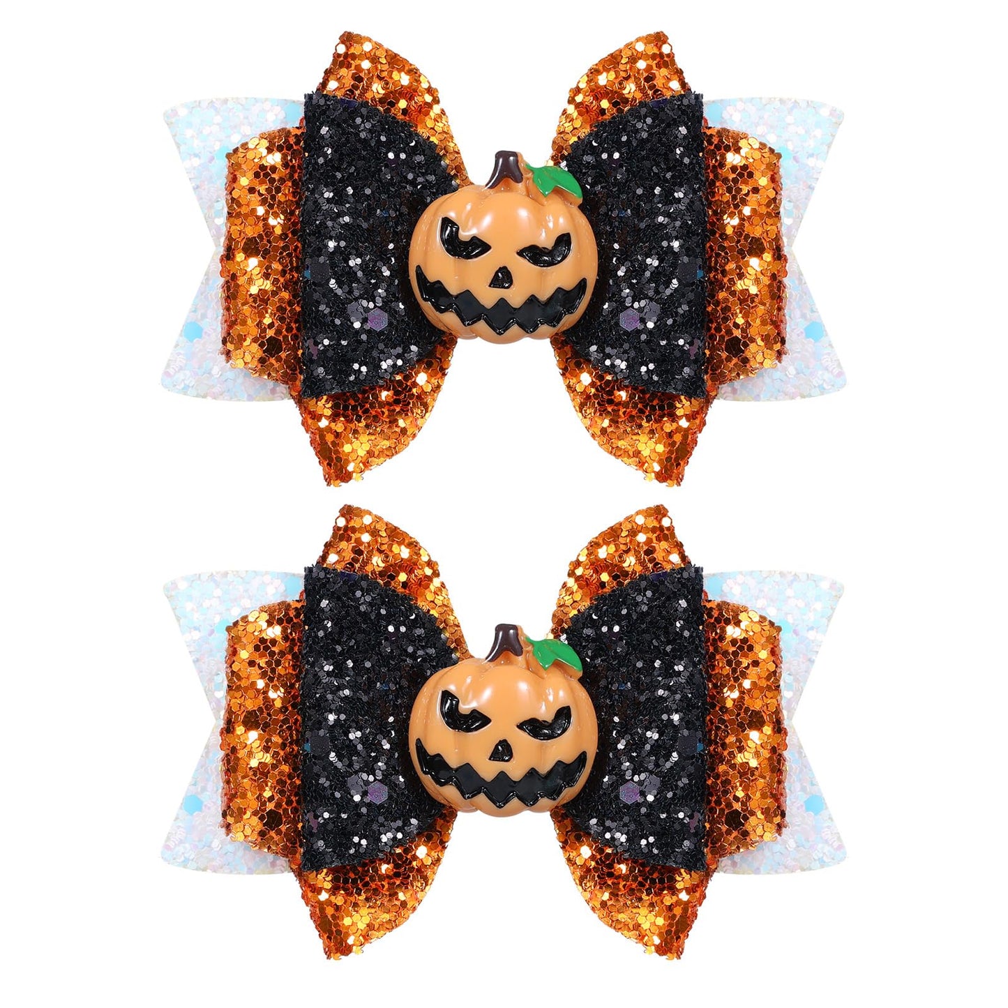 Halloween Pumpkin Hair Bow Clips Girls Cute Glitter Hair Clips 3 Layers Sparkly Hair Accessories for Halloween Party, White & Orange & Black