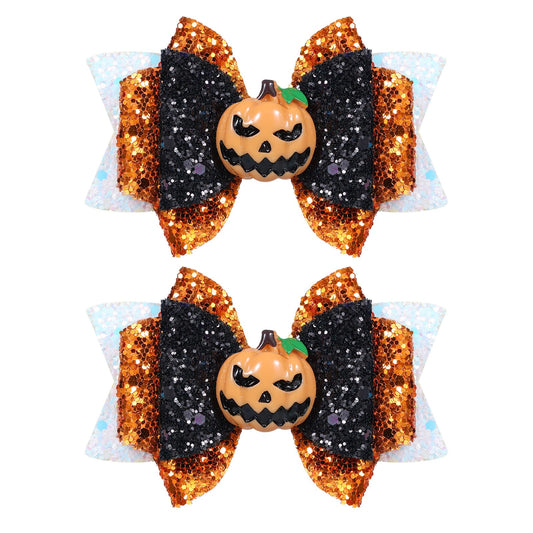 Halloween Pumpkin Hair Bow Clips Girls Cute Glitter Hair Clips 3 Layers Sparkly Hair Accessories for Halloween Party, White & Orange & Black