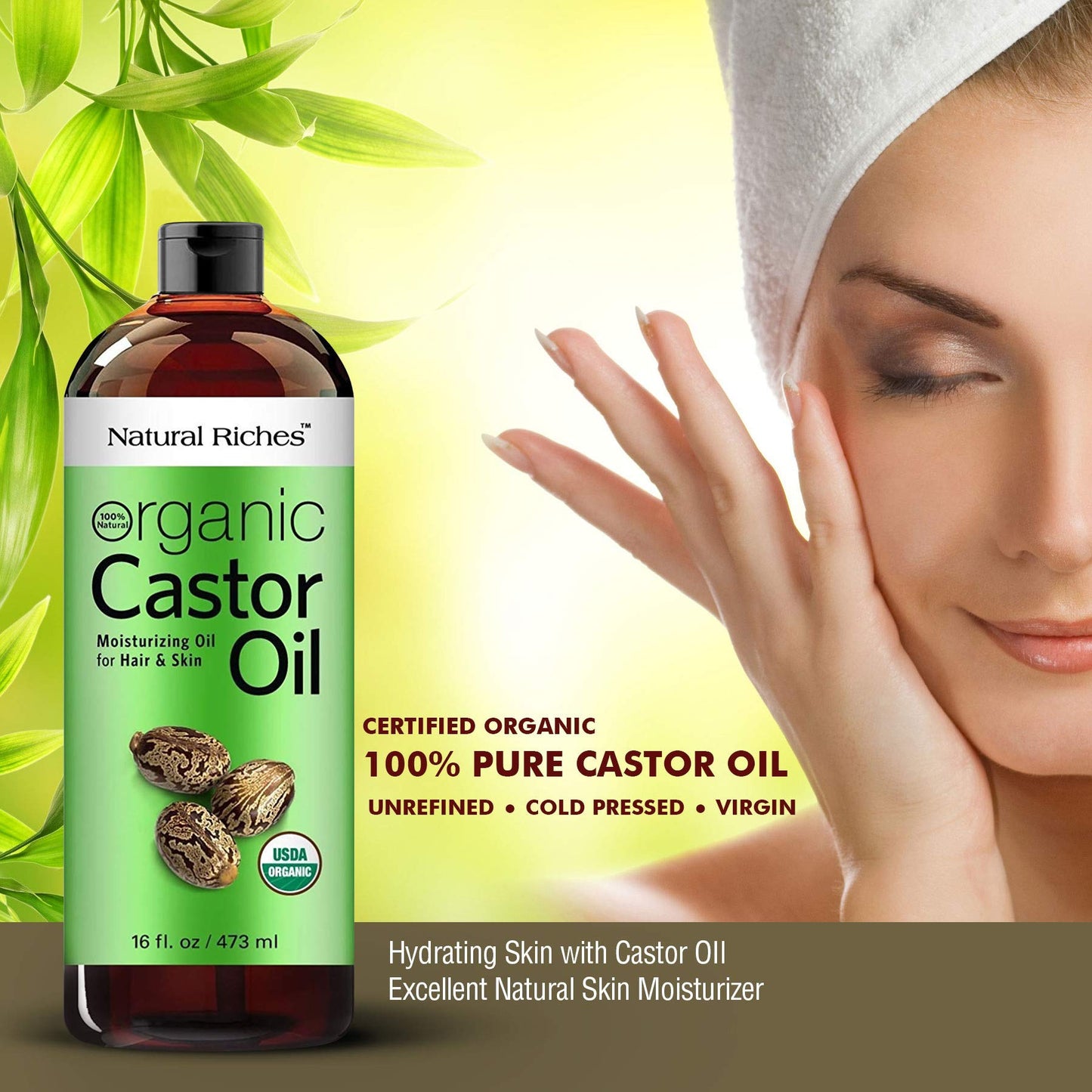 Natural Riches Organic Castor Oil - Cold Pressed and USDA Certified for Dry Skin and Hair - Moisturizes and Helps Growth for Eyelashes, Eyebrows and Hair - 16 fl. oz.