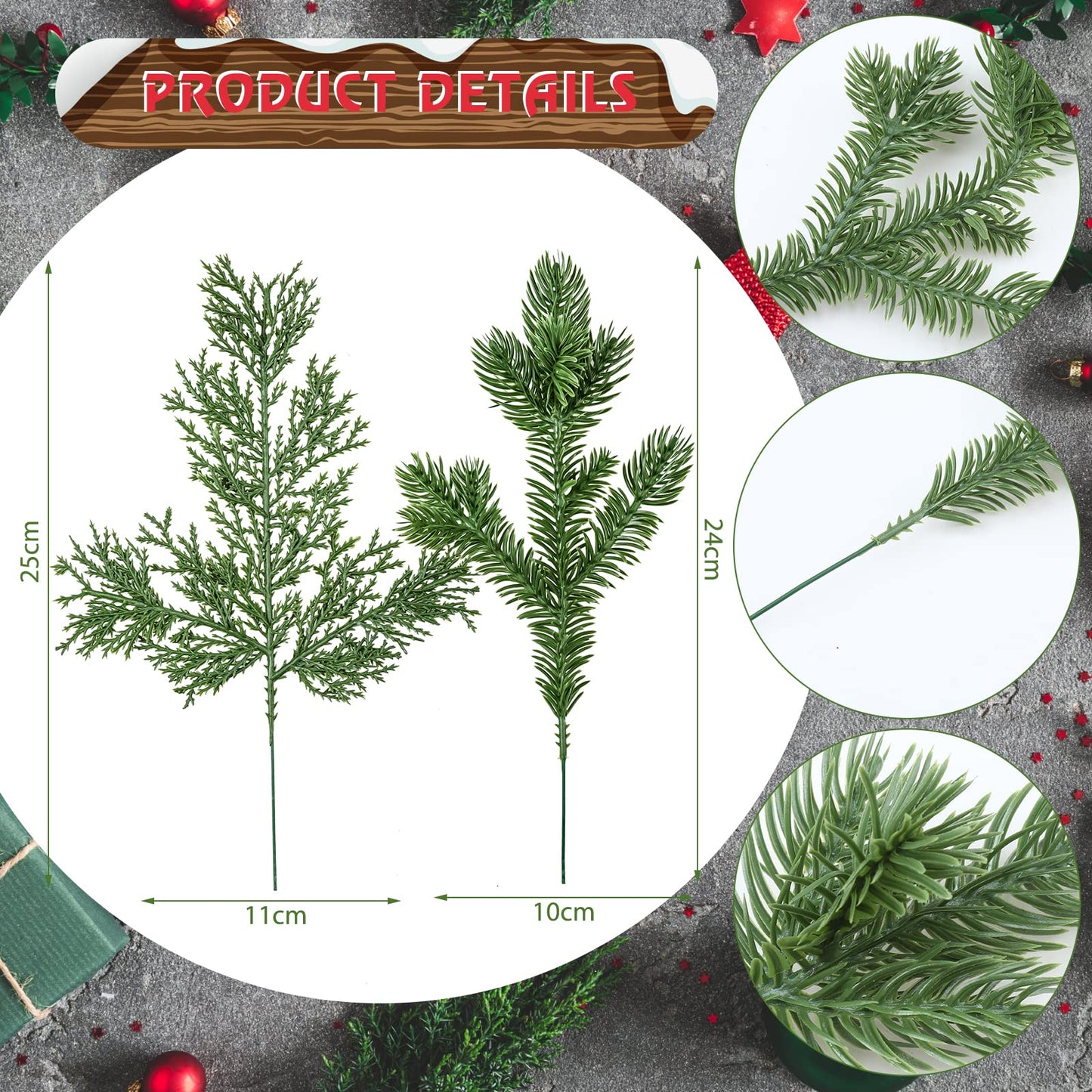 100 Pieces Christmas Pine Needles 10 inch Artificial Pine Branches Green Leaves Needle Garlands Pine Twigs Faux Cedar Branches Greenery DIY Accessories for Christmas Holiday Winter (Fresh Style)