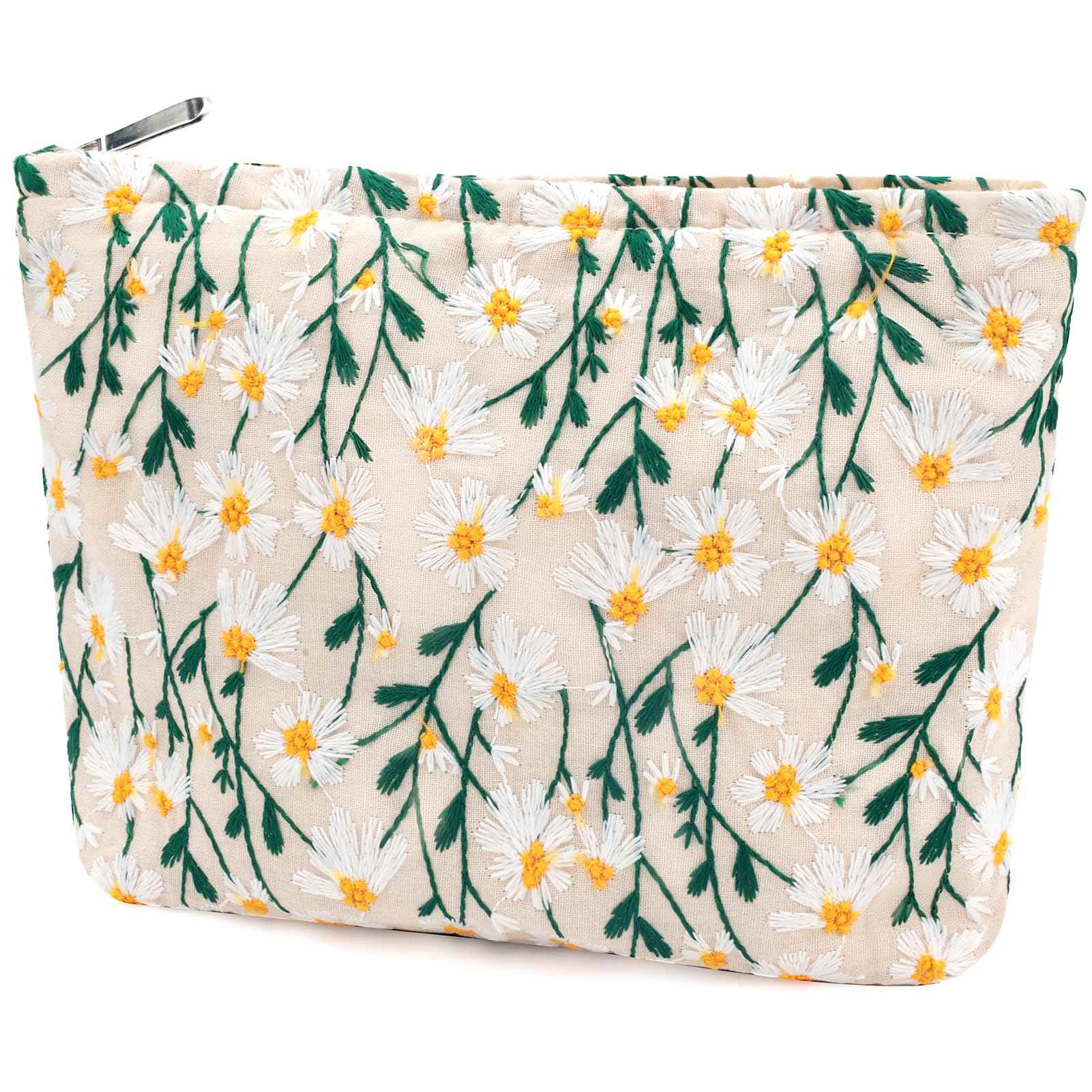 URSKYTOUS Flower Makeup Bag Travel Daisy Floral Cosmetic Bag for Women Cute Makeup Pouch Zipper Cosmetic Pouch for Purse Jacquard Aesthetic Floral Skincare Bag Portable Travel Toiletry Bag Organizer