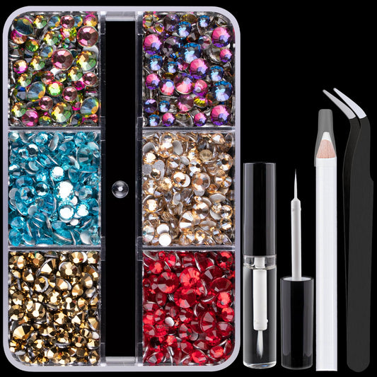 Colorful Face Gems for Makeup Set, Flatback Gorgeous Charming Mixed-Colored Chameleon Crystals with Makeup Glue+Picker Pencil+Tweezer for Eye Body Hair Make-up and Nail Art Deco