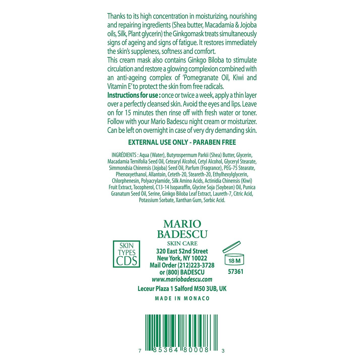 Mario Badescu Ginkgo Mask, Hydrating Skin Care Face Mask for Men and Women with Shea Butter and Vitamin E, Nourishing Facial Mask for Softer, Smoother, Radiant Complexion, 2.5 Oz