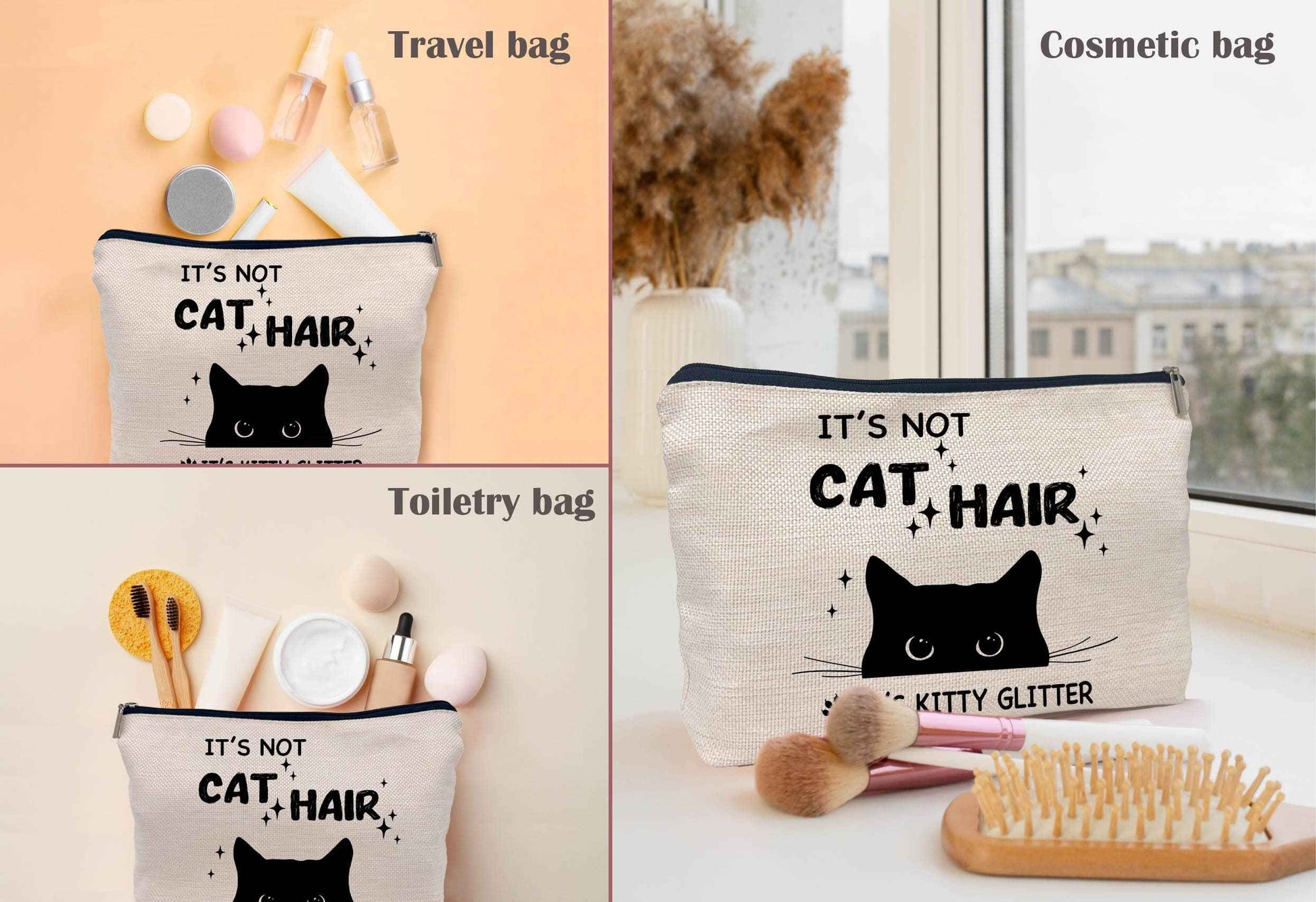Lacosu It's Not Cat Hair It's Kitty Glitter Funny Black Cat Makeup Bag Make up Cosmetic Bag Small Zipper Pouch,Birthday Gifts for Cat Lovers Women Sister Daughter