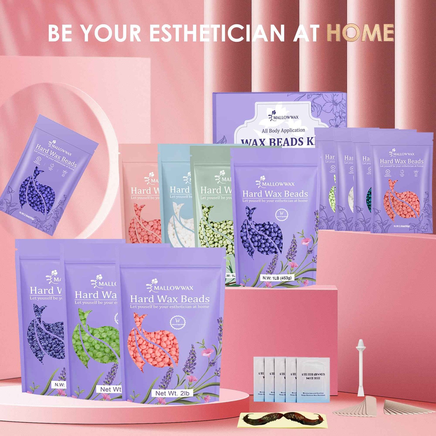 Mallowwax Hard Wax Beads for Hair Removal, 2LB – Premium Hair Removal Wax Refill for Sensitive Skin with Rose Formula, Ideal for Facial and Brazilian Areas