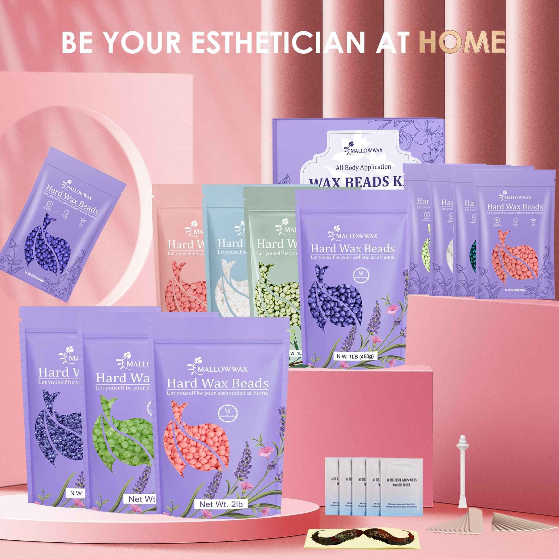 Mallowwax Hard Wax Beads for Hair Removal, 2LB – Premium Hair Removal Wax Refill for Sensitive Skin with Rose Formula, Ideal for Facial and Brazilian Areas