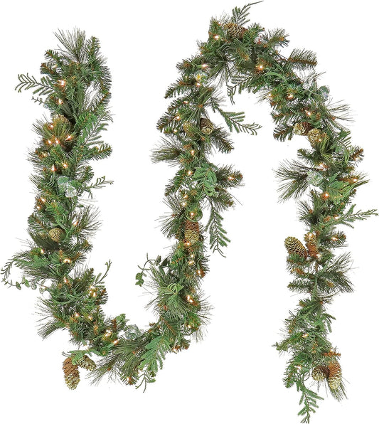 National Tree Company First Traditions Pre-Lit Christmas North Conway Garland with Pinecones, Warm White LED Lights, Battery Operated, 9 ft, Green