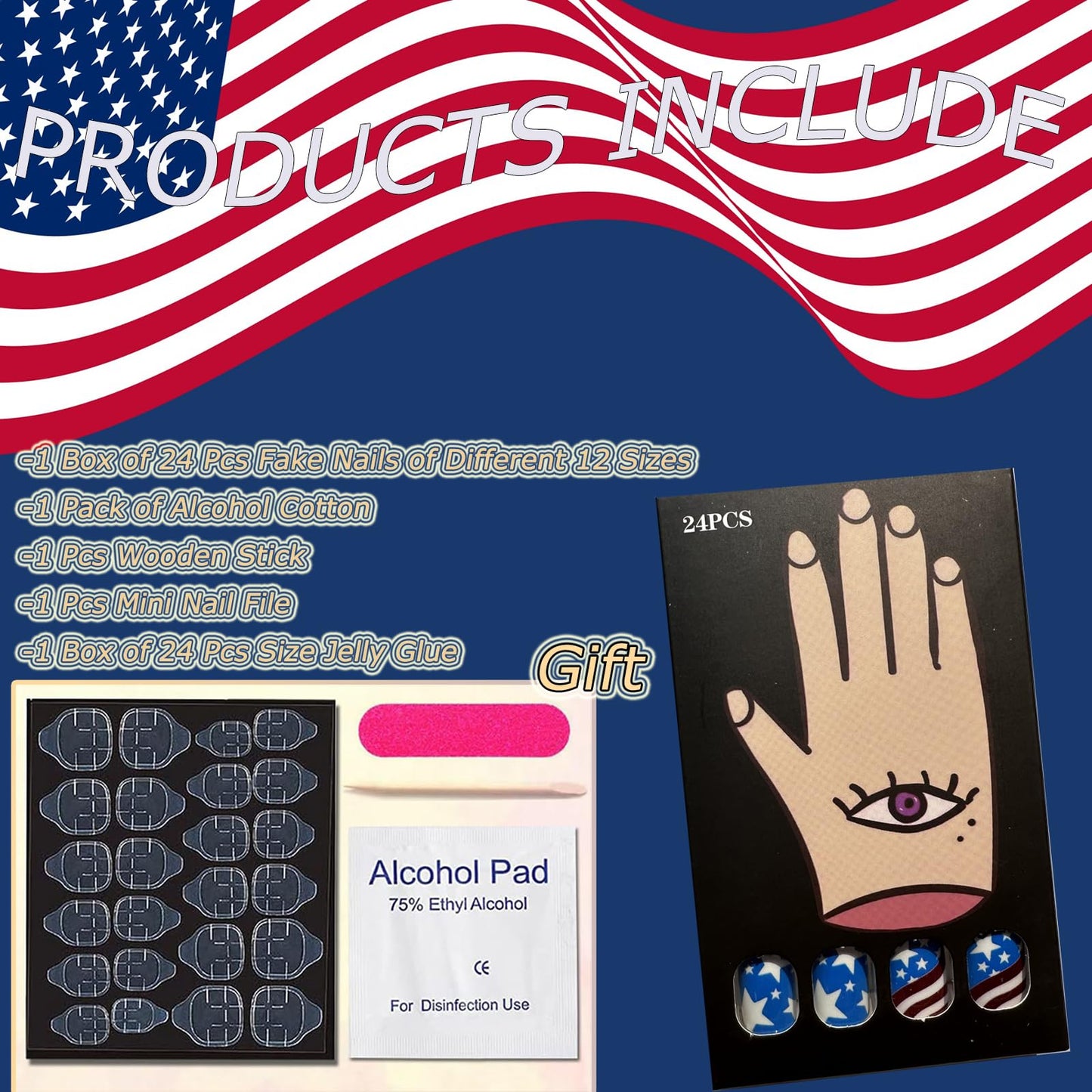 24Pcs Independence Day Press on Nails Short Square Blue Red Fake Nails Star Full Cover Gel Glue on Nails Glitter False Nails 4th of July Nails for Women Acrylic Nails Stick on Nails Decorations