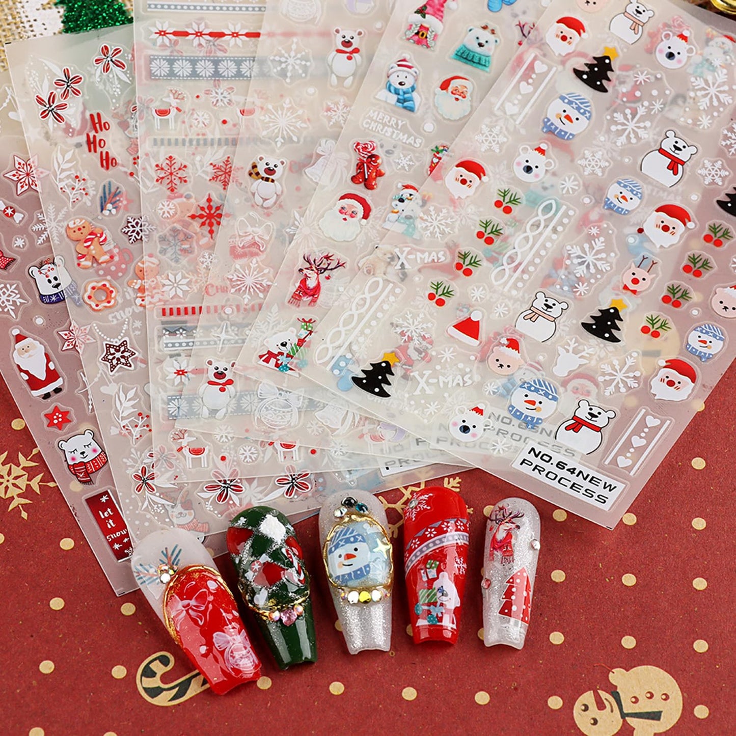 Christmas Nail Art Stickers Decals Santa Claus Snowflake Deer Nail Decals Winter Xmas Tree Snowman Nail Stickers 3D Self Adhesive Nail Art Decal Design for Women Girls DIY New Year Manicure