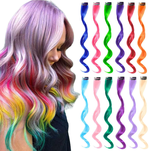 BUMMSEVEN Colored Hair Extensions Clip in 12 Pieces, Curly Wavy Synthetic Hairpieces Rainbow Neon Party Highlights, Colorful Hair Accessories Clips Ins for Kids Girls 16 Inch (Multi-color Vibrant)