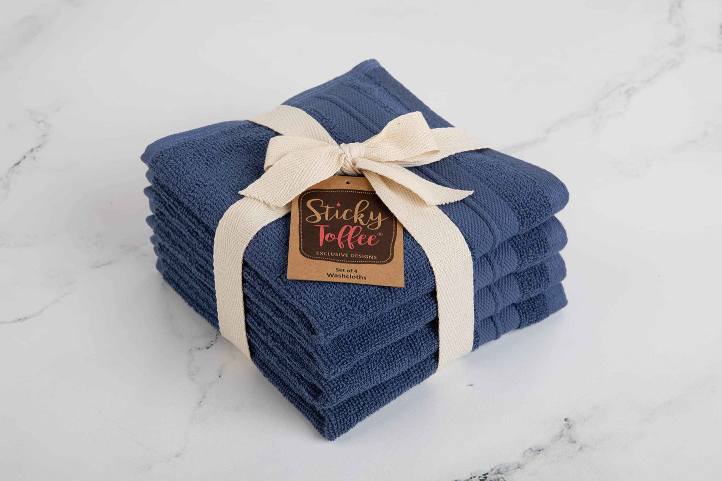Sticky Toffee Washcloths Set of 4 – 13x13 in Blue 100% Terry Cotton, Soft and Absorbent Oeko-Tex Cloths for Face and Body Washing