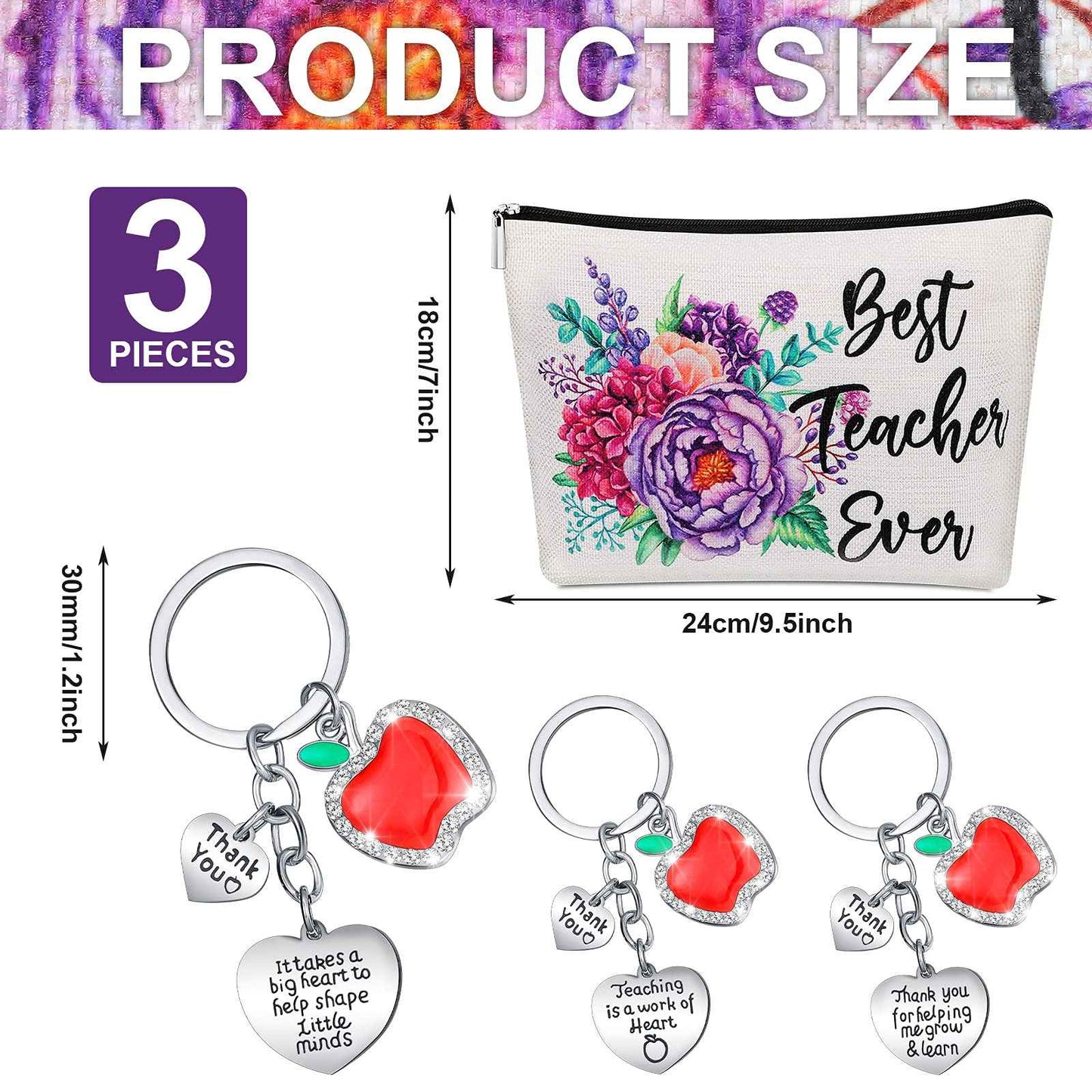 Frienda 6 Pack Christmas Teacher Appreciation Gifts for Women Bulk Xmas Teacher Gifts 3 Pcs Zipper Cosmetic Bags Canvas Makeup Pouch 3 Pcs Thank You Keychains Xmas Birthday Present(Flower Style)