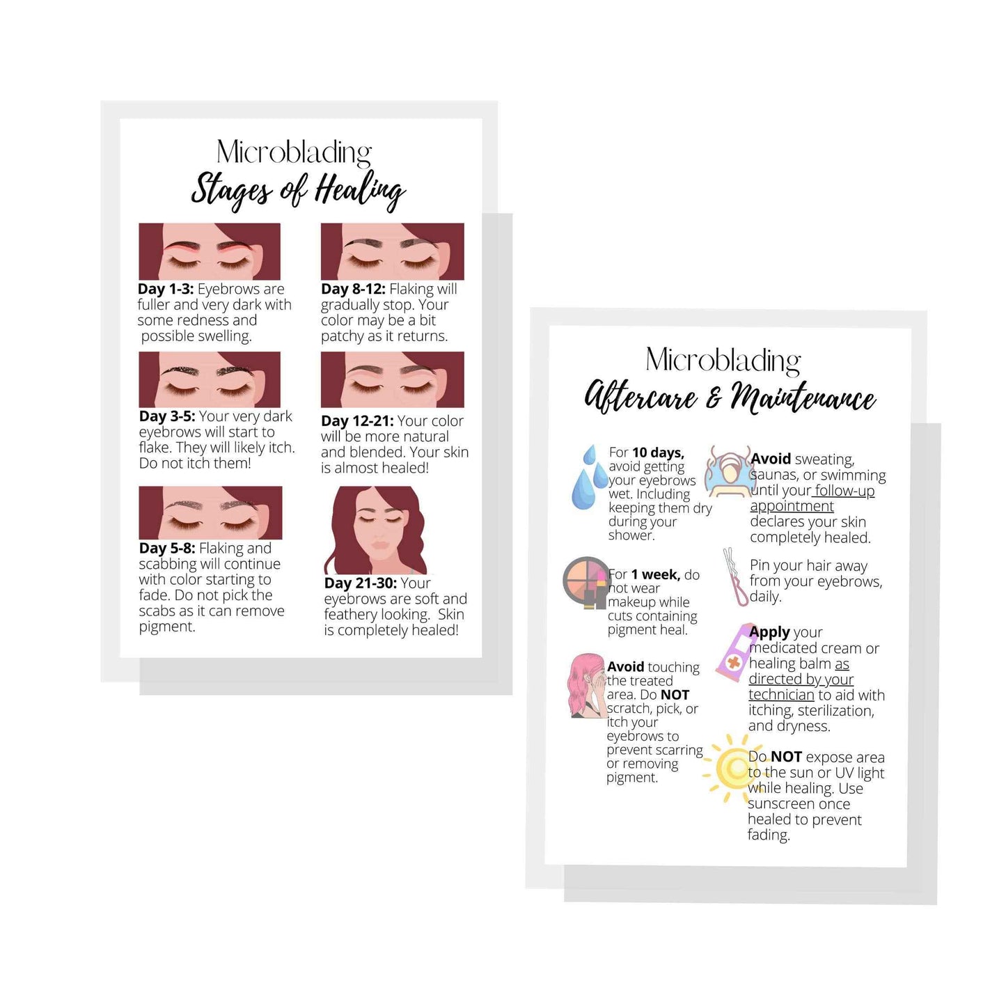 Eyebrow Microblading Healing & Aftercare Instructions Postcards | Package of 30 | Double Sided Size 4 x 6" inches Postcard | White with Pictures