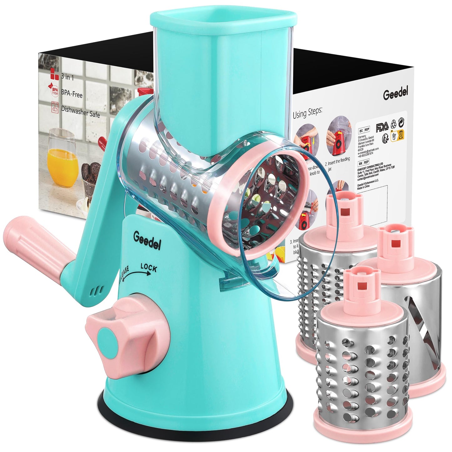 Geedel Rotary Cheese Grater, Kitchen Mandoline Vegetable Slicer with 3 Interchangeable Blades, Easy to Clean Rotary Grater Slicer for Fruit, Vegetables, Nuts