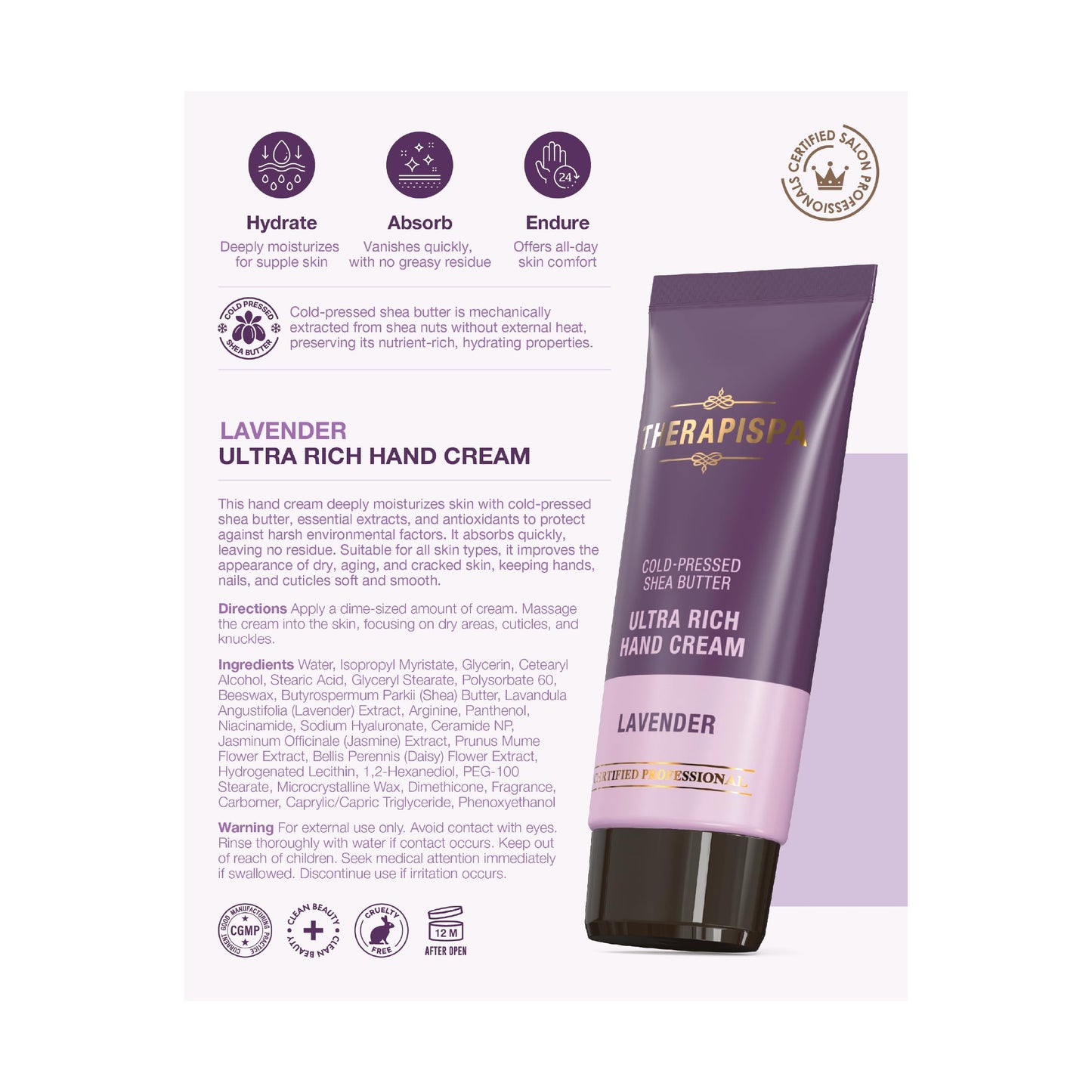 THERAPISPA Ultra Rich Hand Cream - Luxurious Hydration and Healing with Ceramides, Hyaluronic Acid, Niacinamide (B3), Panthenol (B5), and Shea Butter for Dry Skin (Lavender, 1.7 fl oz, Pack of 1)