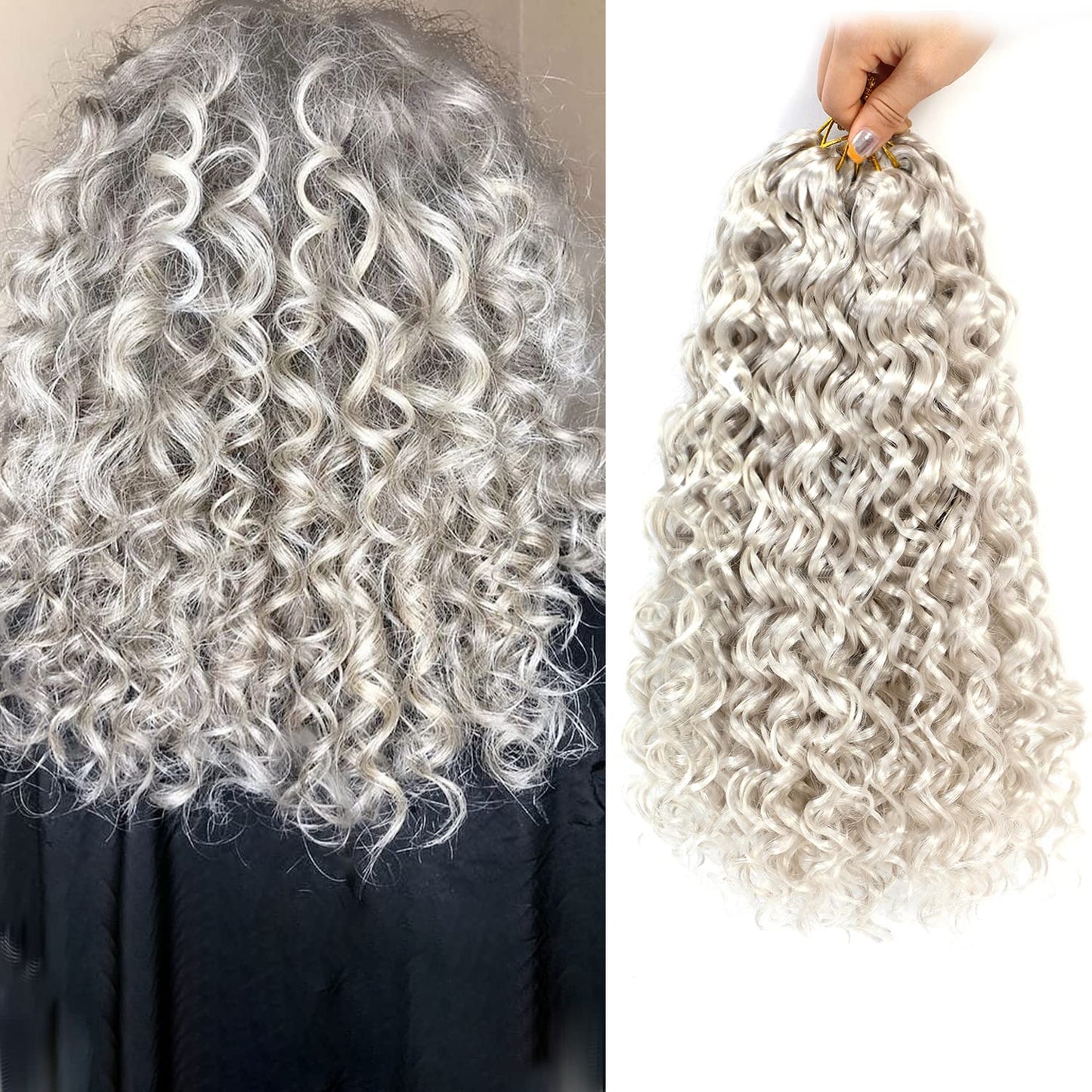 Gogo Curl Crochet Hair 14 Inch 7 Packs Curly Hair Crochet for Black Women Deep Wave Crochet Hair Beach Curl Crochet Hair Synthetic Braiding Hair Extensions (14 inch,7Packs Silver White)