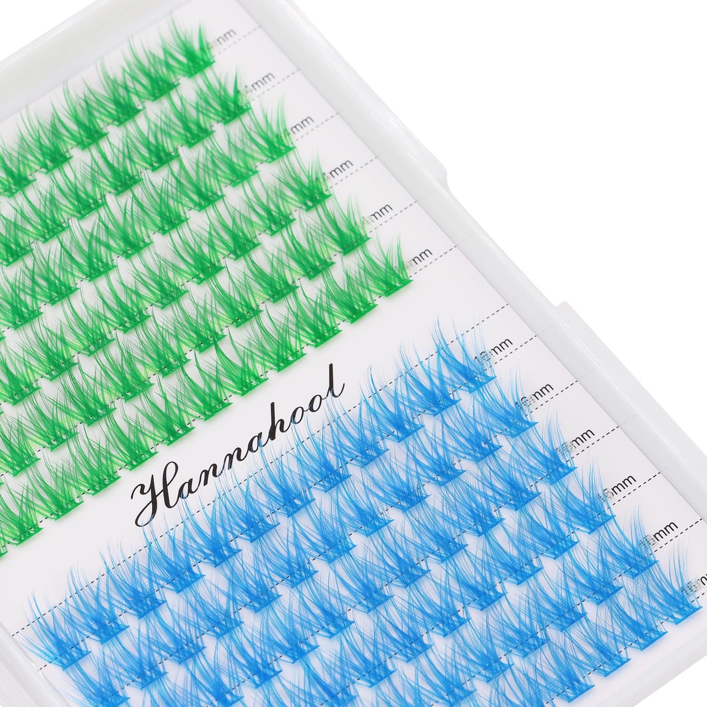 Hannahool 12rows-Large Tray Mixed 8-10-12-14-16mm/Mixed 14-15-16mm/Mixed14mm-16mm/Mixed 18-20mm Wide Stem Individual False Eyelashes Dramatic Black Cluster Eyelashes (LC07-Green-blue-14-16mm)