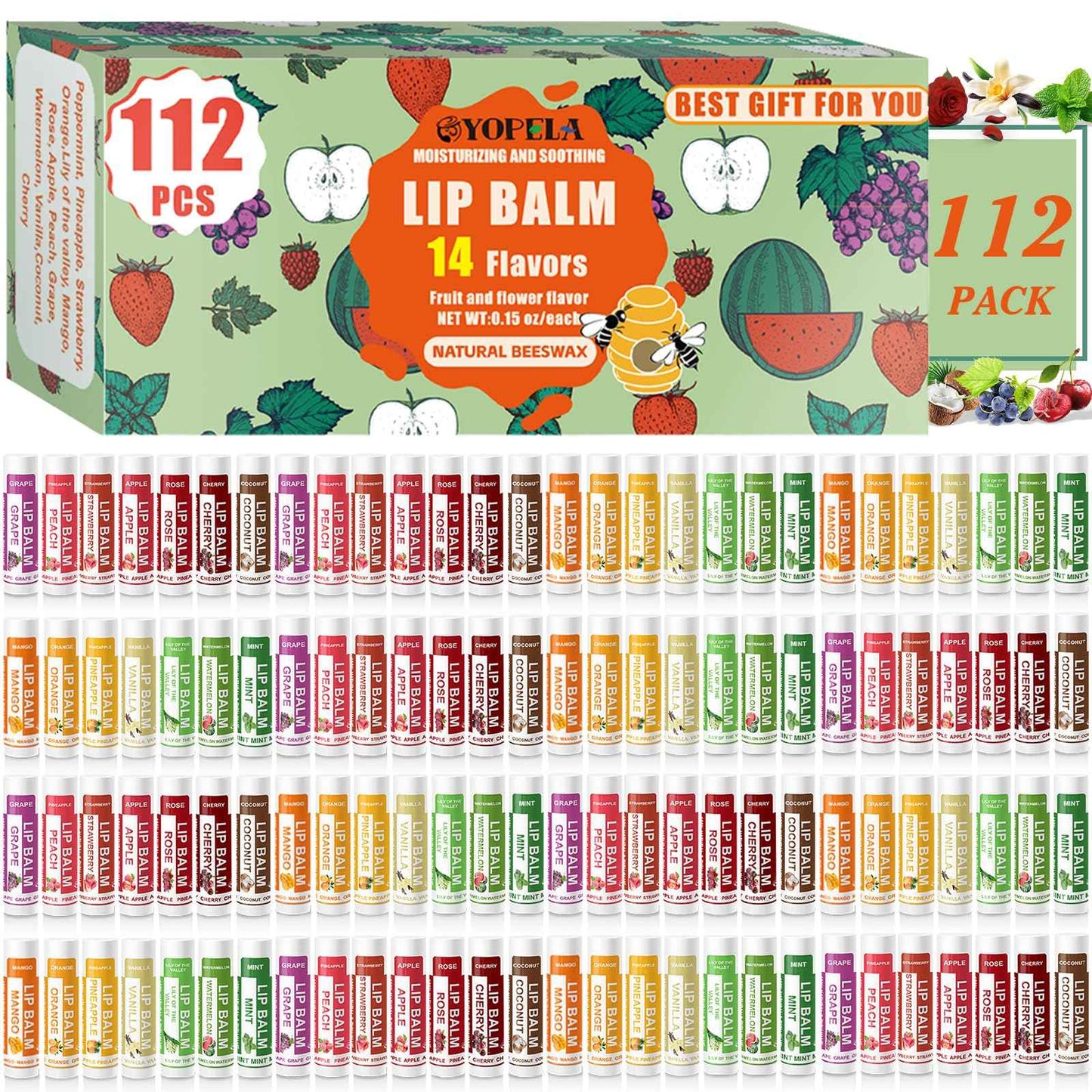 YOPELA 112 Pack Natural Lip Balm Bulk Lip Moisturizer with Vitamin E and Coconut Oil - Hydrating, Moisturizing, Soothing, and Repairing Dry and Chapped Lips Valentine's Gift - 14 Flavors - Non-GMO