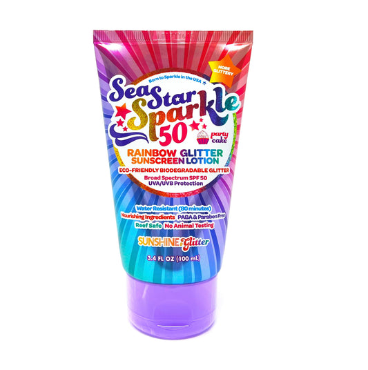 Seastar Sparkle - Rainbow Party Cake Scented Glitter Sunscreen - SPF 50 - Biodegradable Sunscreen, Kids, Water Resistant, Glitter lotion, Cruelty Free, Kids Lotion, Made in USA, 3.4oz