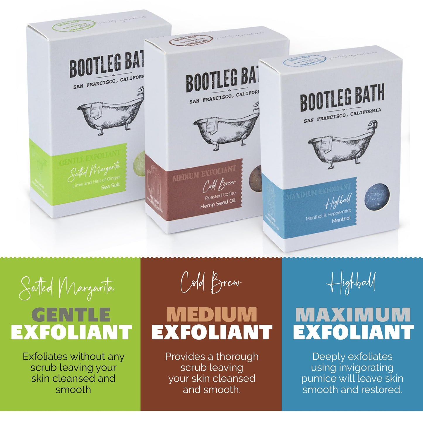 BOOTLEG BATH Natural Exfoliating Bar Soap- Variety Pack Hydrating and Moisturizing Skincare for Men and Women, Cold Brew, Highball, Salted Margarita, Eco Friendly, Hand Made in USA, 4.4 oz Each Bar