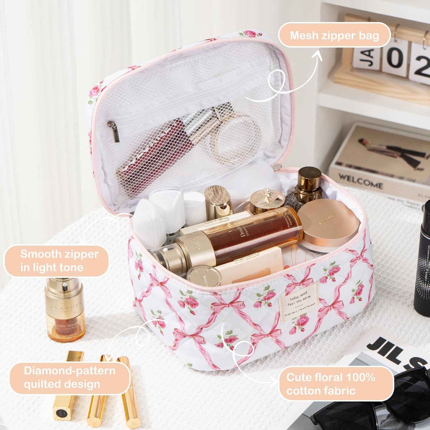 UUYUUY Makeup Bag for Women 3PCS Quilted Cotton Make Up Bag Travel Cosmetic Bag Large Makeup Bag Set Cute Bow Makeups Organizer Floral Toiletry Pouch for Purse, Pink