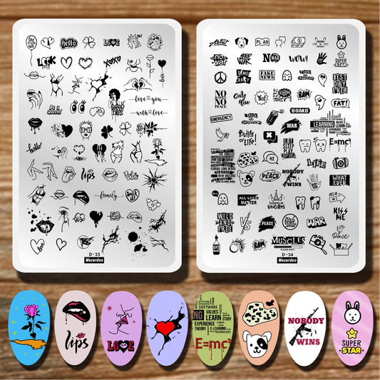 Lips Heart Nail Stamping Plate Kits 2pcs Love Flower Word Design Large Nail Stamping Templates Animal Letter Line Image Nail Stamper Stencils Ghost Halloween Nail Stamping Plates Nail Art Tools