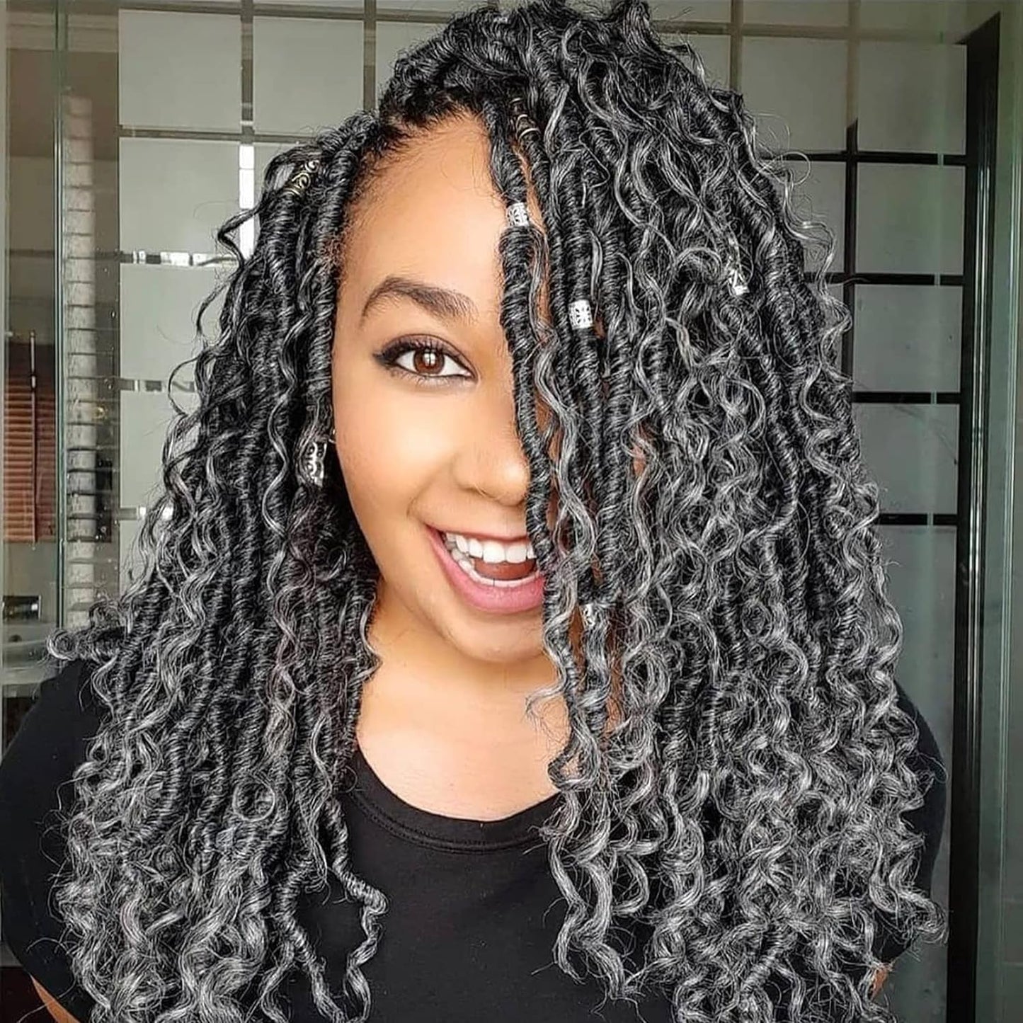 Faux Locs Crochet Hair 14 Inch Goddess Locs Ombre Grey Crochet Hair for Women 6 Packs Gray Soft River Locs Curly Pre Looped Braids with Curly Ends Boho Hippie Locs Synthetic Hair Extensions, 1b/grey