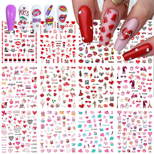 Valentines Day Nail Art Stickers Self-Adhesive Pegatinas Uñas DIY Nail Supplies Sexy Lips Red Pink Love Romantic Nail Design Art Stickers for Acrylic Nail Manicure Women Decor 12sheets