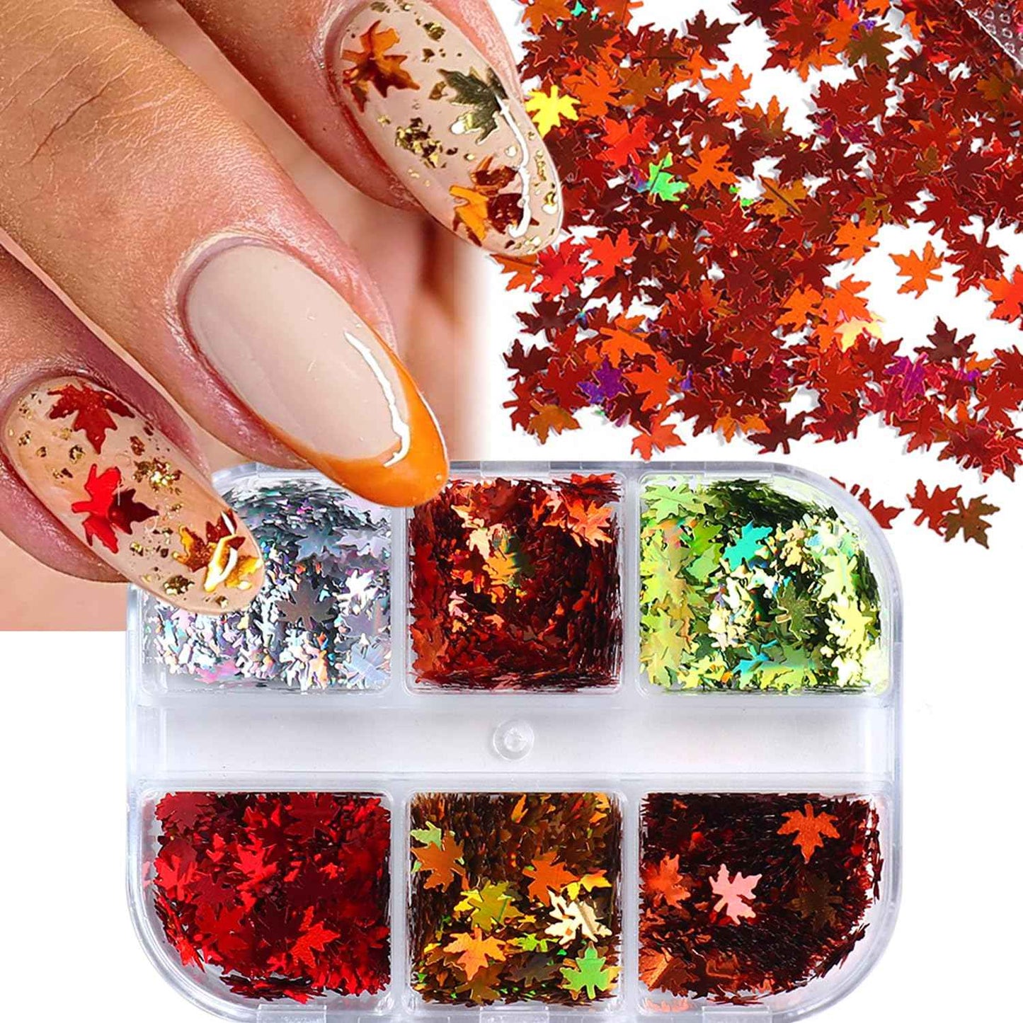 Maple Leave Nail Art Glitter Holographic Leaf Nail Sequin Autumn Nail Flakes Fall Nail Decoration Thanksgiving Nail Accessories Supplies for Women Girls