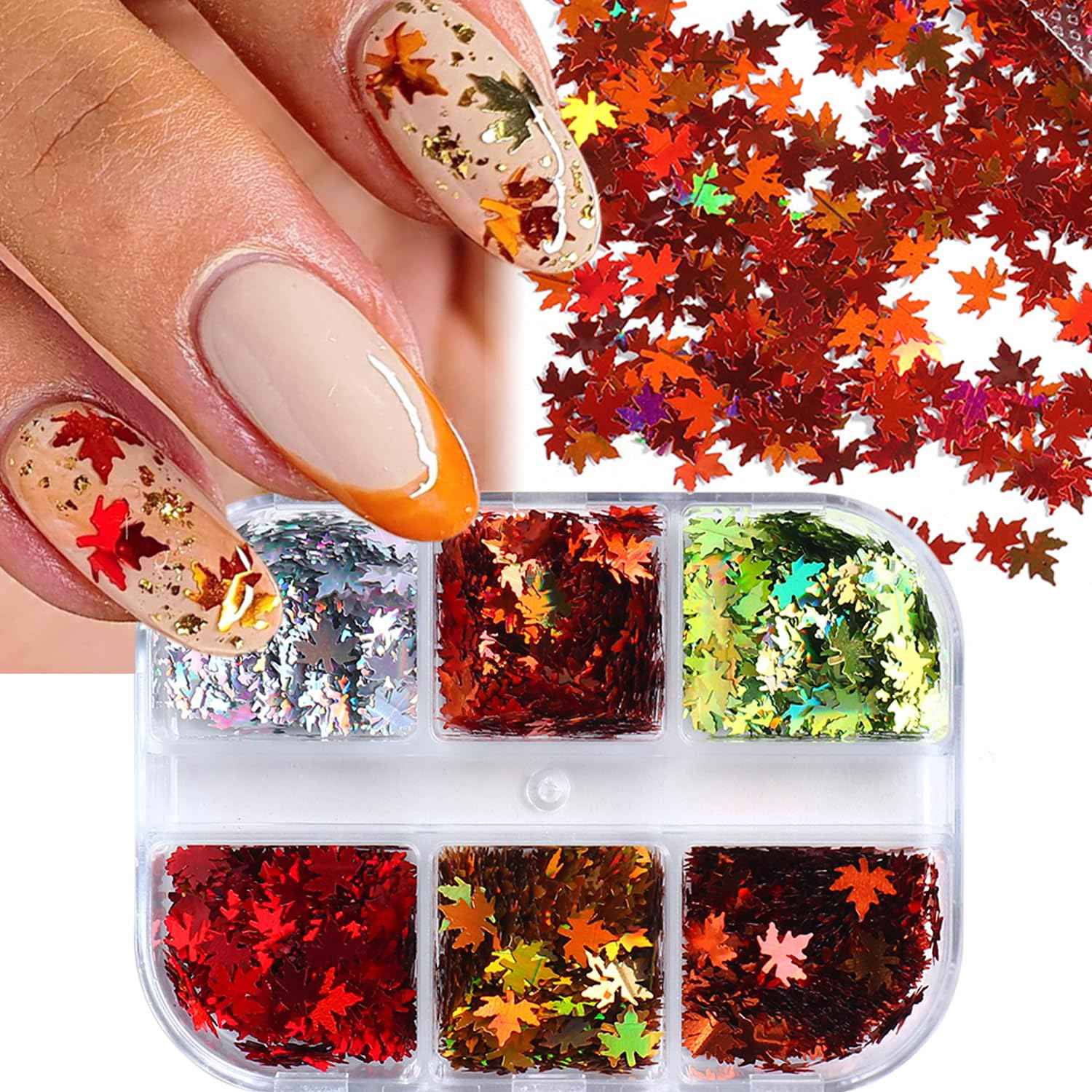 Maple Leave Nail Art Glitter Holographic Leaf Nail Sequin Autumn Nail Flakes Fall Nail Decoration Thanksgiving Nail Accessories Supplies for Women Girls