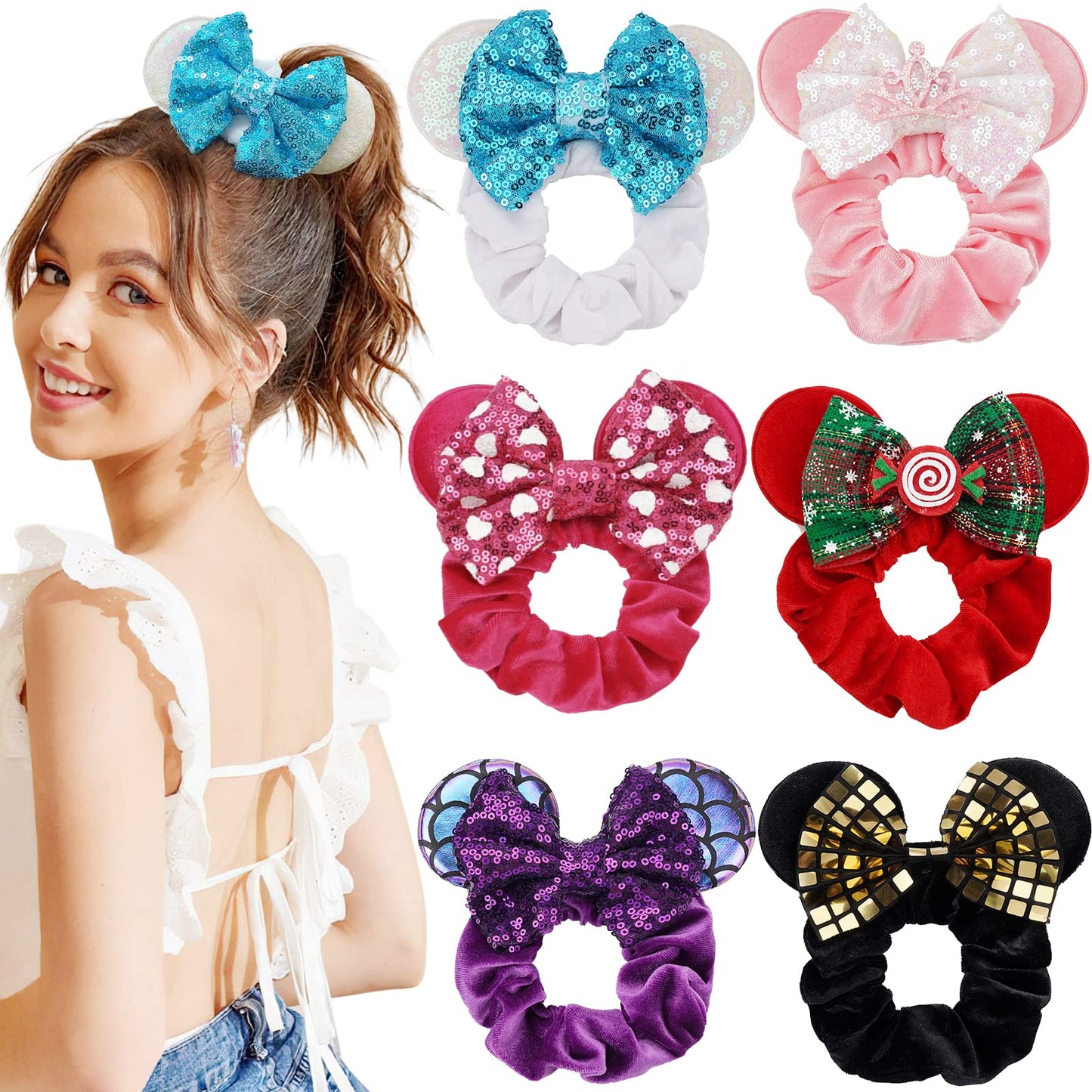 6 Pack Mouse Ears Scrunchies Velvet Sparkle Sequin Bows Hair Scrunchies Hair Ties Elastic Rubber Bands Ponytail Holders for Kids Women Girls Adult Christmas Party Decoration （White&Black&Christmas）