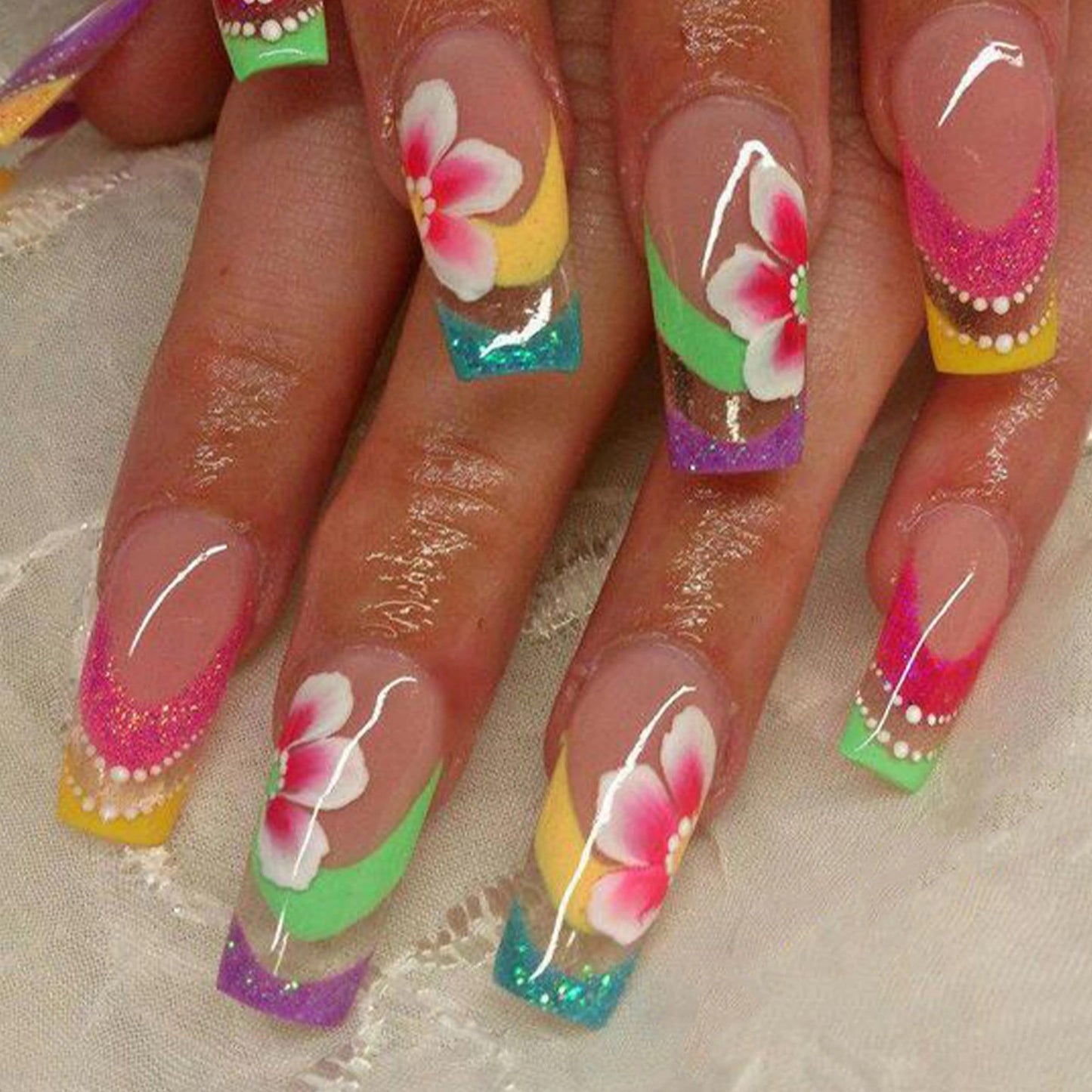 MERVF Press on Nails Long Coffin Fake Nails French Tip Glue on Nails Press ons Colorful Glitter Ballerina Acrylic False Nails with Flower Design Glossy 24pcs