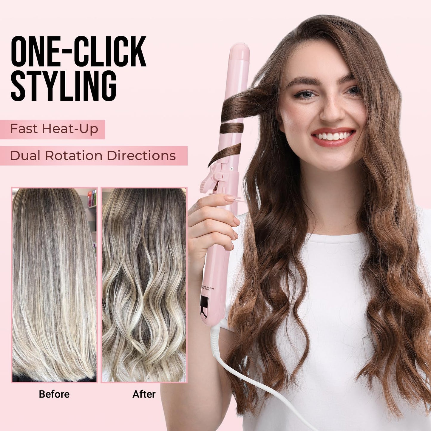 Rotating Curling Iron, 1.1 Inch Professional Hair Curler for Long-Lasting Curls & Beach Waves, Fast-Heating Curling Wand for Long & Short Hair, Perfect Hair Waver Styling Tool, Pink