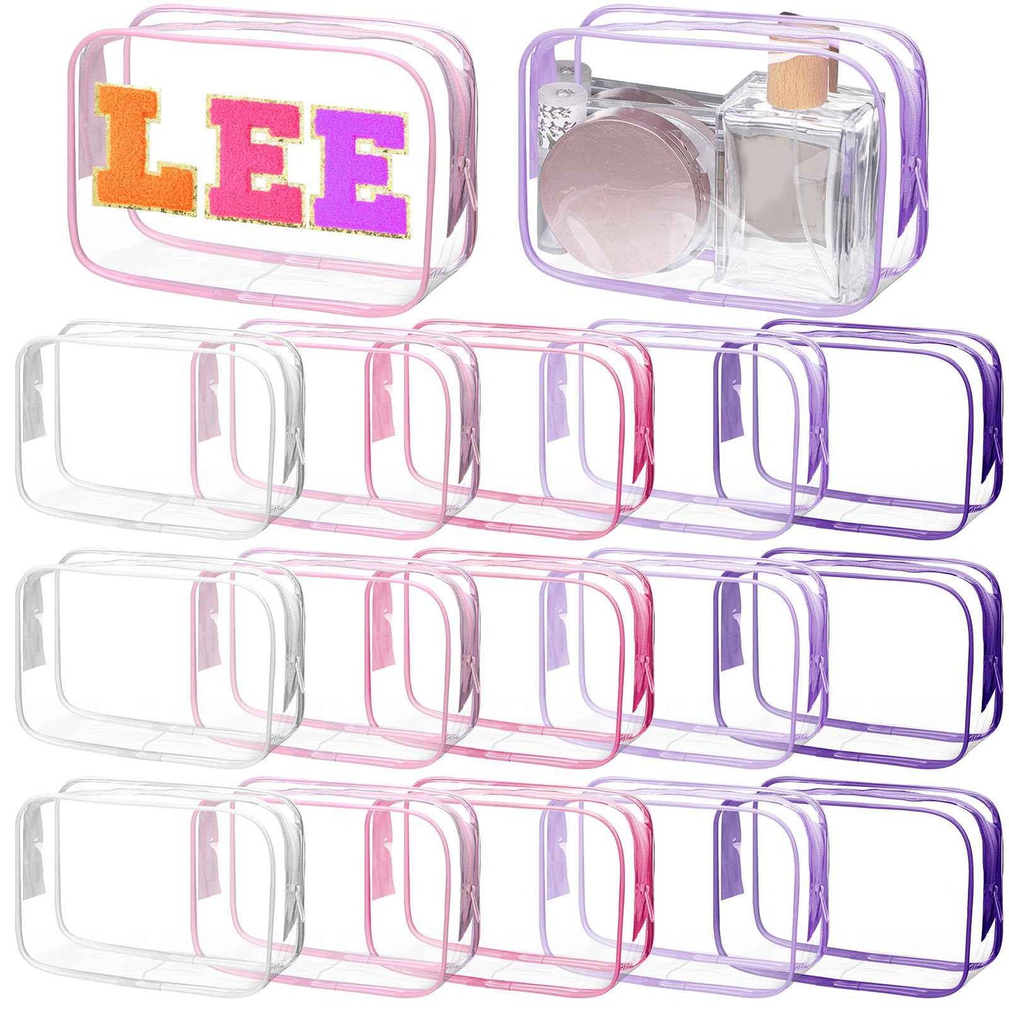 Shinylin 15 Pcs Pink and Purple Clear Makeup Bag with Zipper PVC Toiletry Bag Portable Waterproof Make up Pouches Clear Makeup Case Organizer for Women Travel Toiletries Bathroom Organizing
